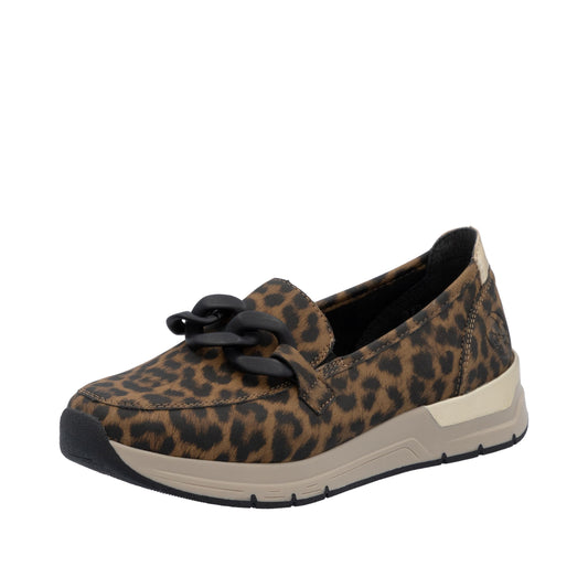 Rieker Women’s Loafers – Trendy Leo Print with Golden Chain Detail