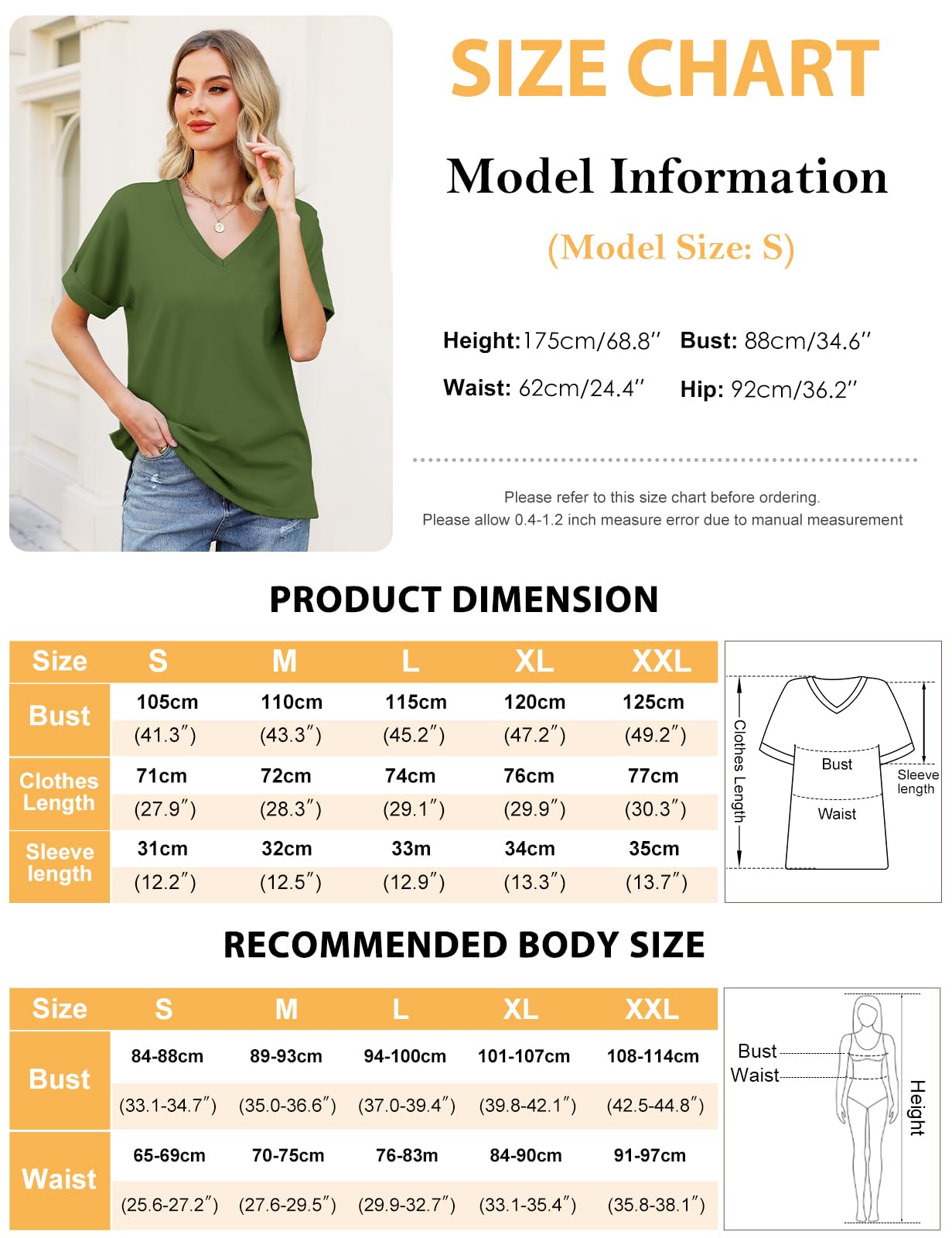 Women’s V-Neck Cotton T-Shirt – Short Sleeve Loose Fit Summer Tee