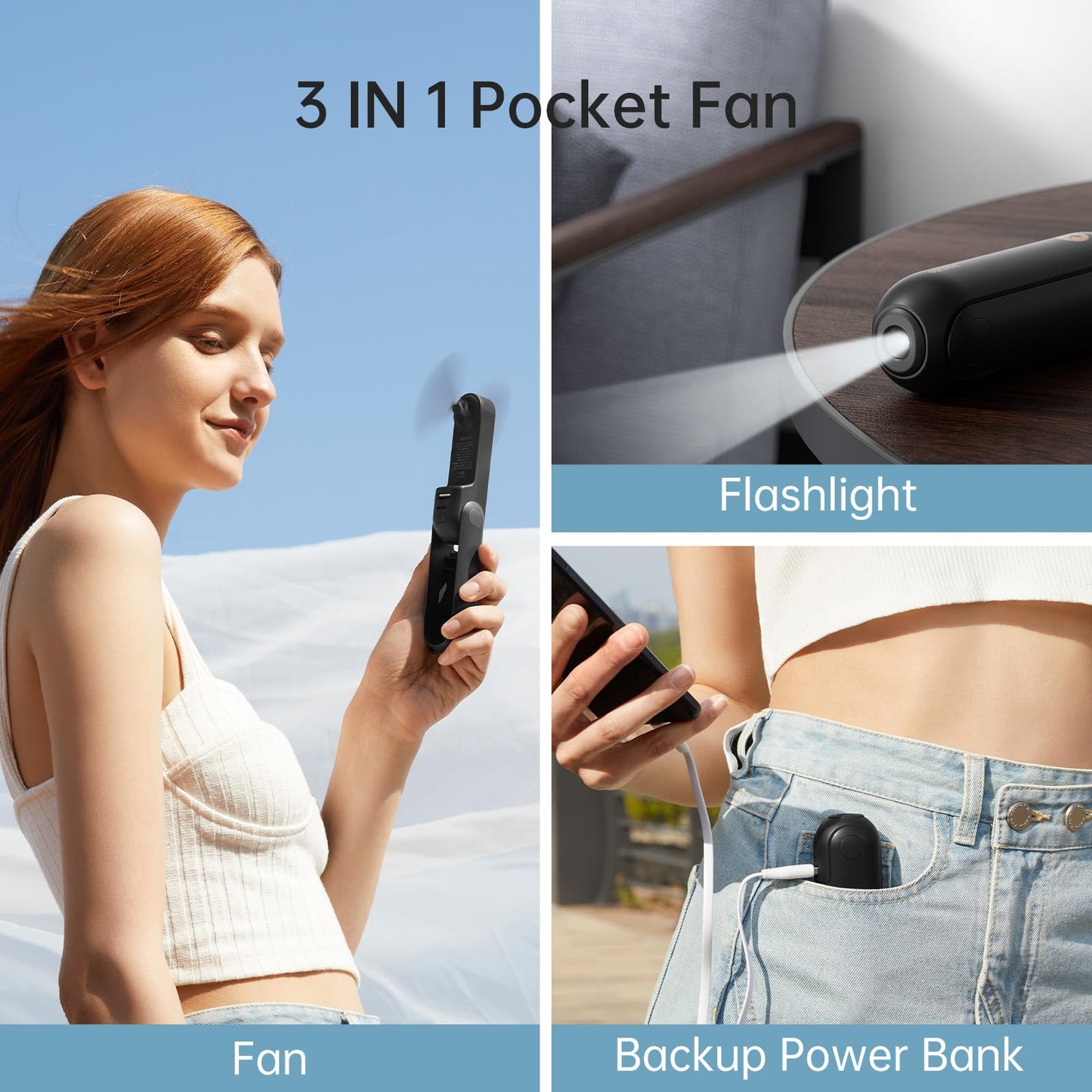 JISULIFE Mini Handventilator, 3-in-1 Handventilator, wiederaufladbarer USB [12–19 Betriebsstunden] mit Powerbank, Taschenlampe, tragbarer Ventilator für Reisen/Sommer, Geschenke für Frauen-Rosa