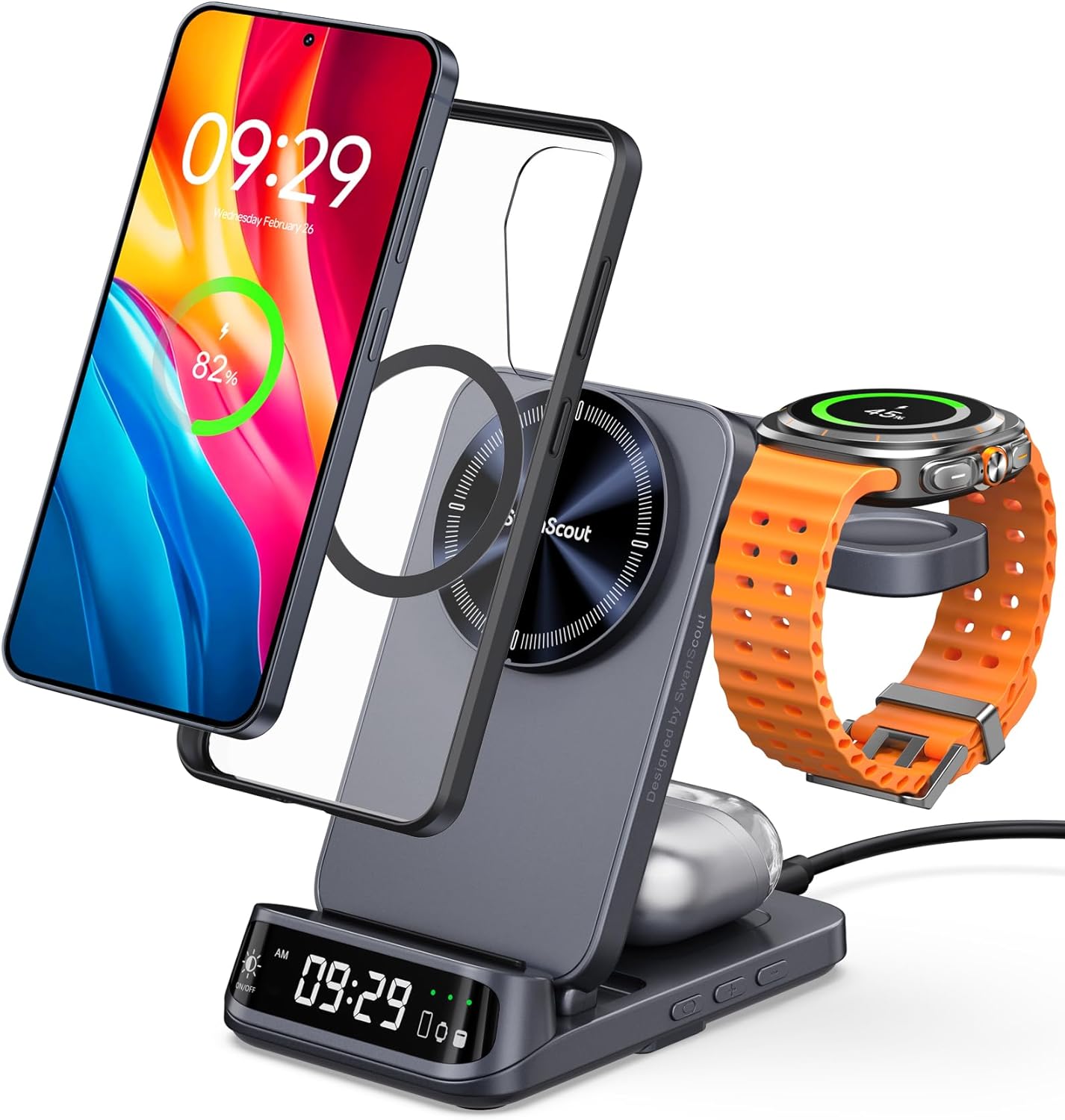 SwanScout Magnetic Charging Station for Samsung, 3 in 1 Wireless Charger for Galaxy S25 Ultra/S24/Z Flip 7/Z Fold 7, Charger for Samsung Watch 8 Classic/8/Ultra/7, for Galaxy Buds 3, SwanScout 708SM