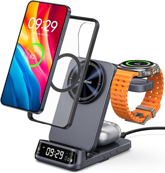SwanScout Magnetic Charging Station for Samsung, 3 in 1 Wireless Charger for Galaxy S25 Ultra/S24/Z Flip 7/Z Fold 7, Charger for Samsung Watch 8 Classic/8/Ultra/7, for Galaxy Buds 3, SwanScout 708SM 