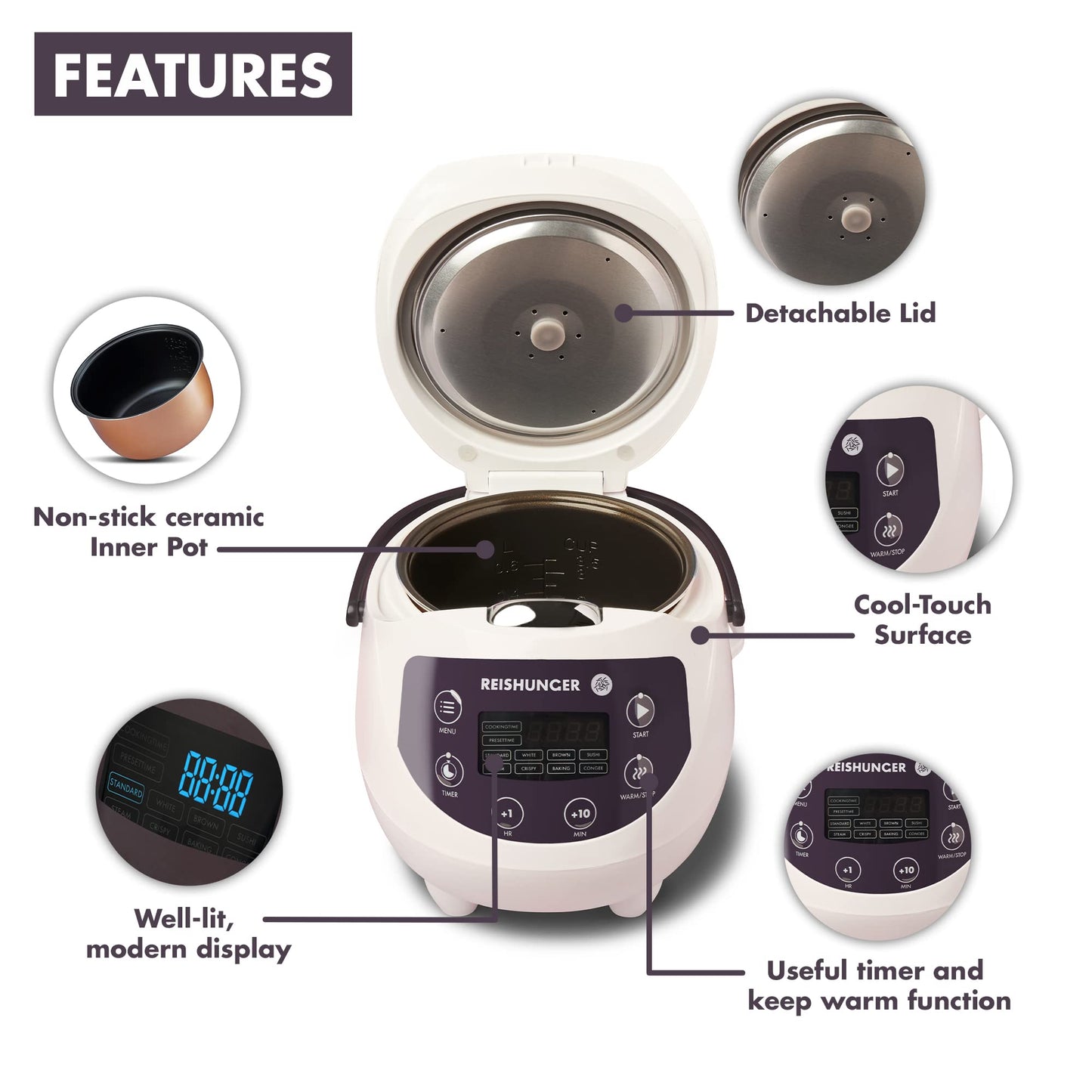 REISHUNGER Digitaler Reiskocher klein, schwarz | 0,6 L bis 3 Personen | Warmhaltefunktion, Timer & Premium Topf | Kleiner Multikocher & Dampfgarer, 8 Programme, 7-Phasen-Technologie