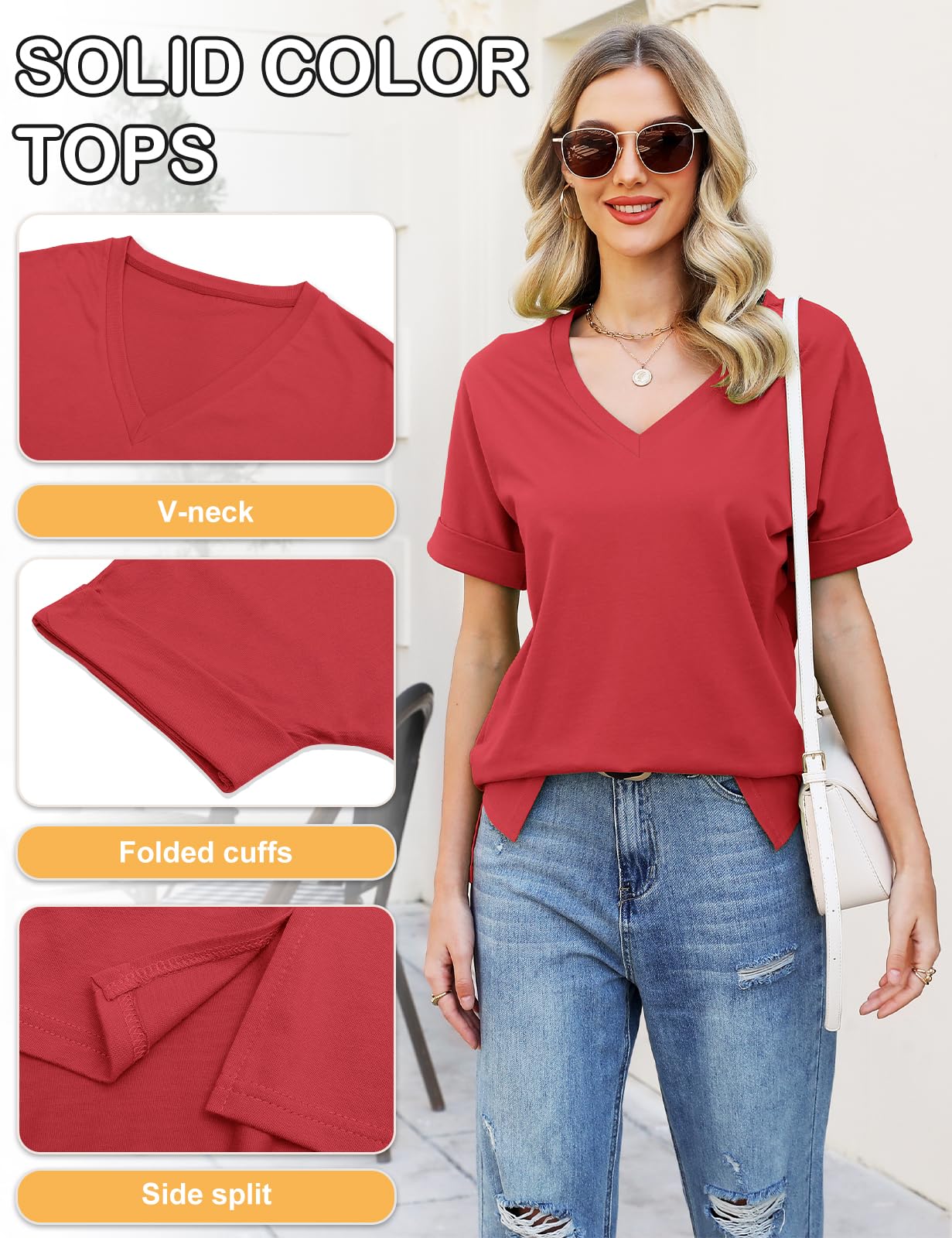 Women’s V-Neck Cotton T-Shirt – Short Sleeve Loose Fit Summer Tee
