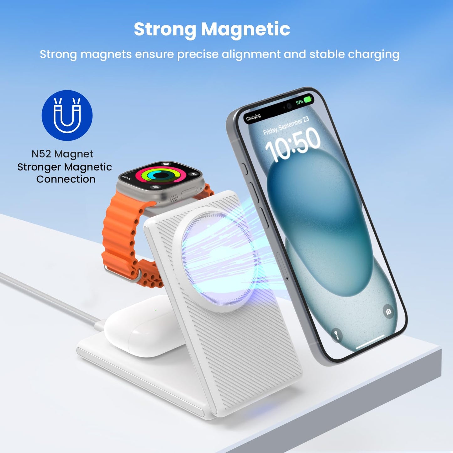 CIYOYO 3-in-1 Wireless Charging Station, Foldable MagSafe Charger for iPhone 16/15/14 Pro Max/Plus, Wireless Charger Stand for Apple Watch 10/9/8/7/6/5/Ultra, for AirPods 4/3/2/Pro, with Adapter 