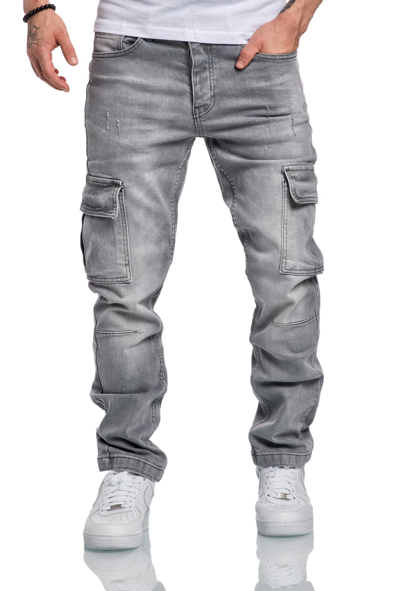 Amaci&Sons Men’s Cargo Jeans – Regular Slim Fit Destroyed Denim Pants