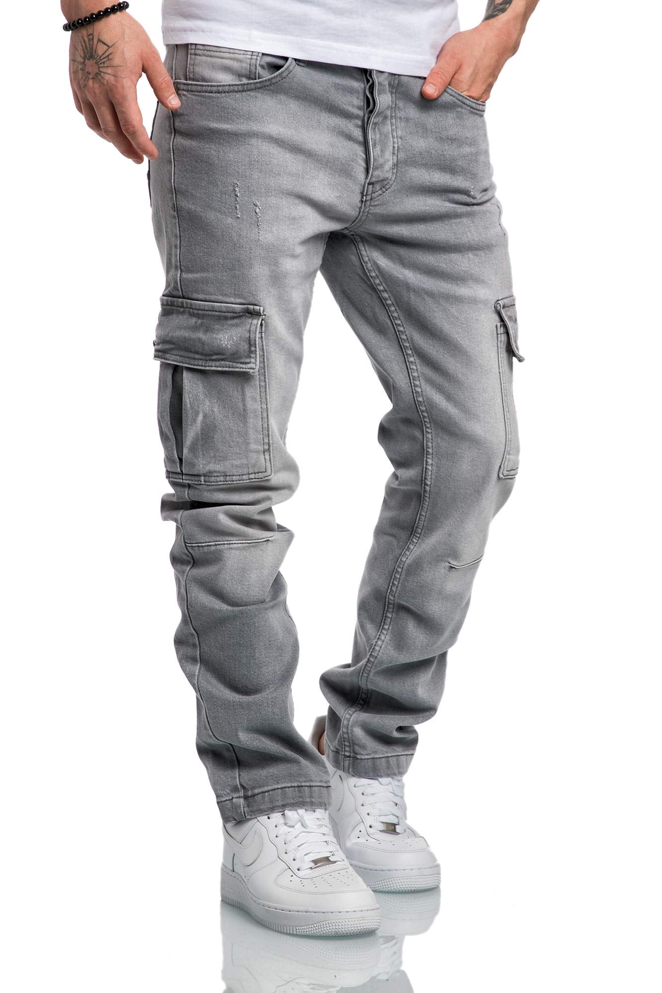Amaci&Sons Men’s Cargo Jeans – Regular Slim Fit Destroyed Denim Pants