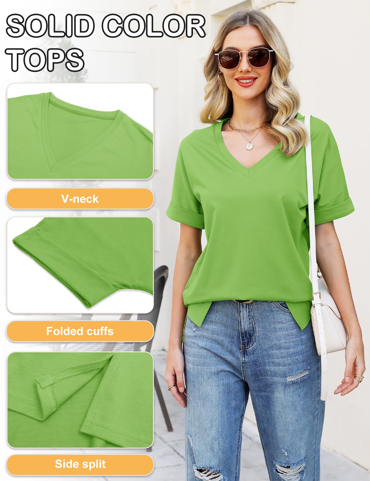 Women’s V-Neck Cotton T-Shirt – Short Sleeve Loose Fit Summer Tee