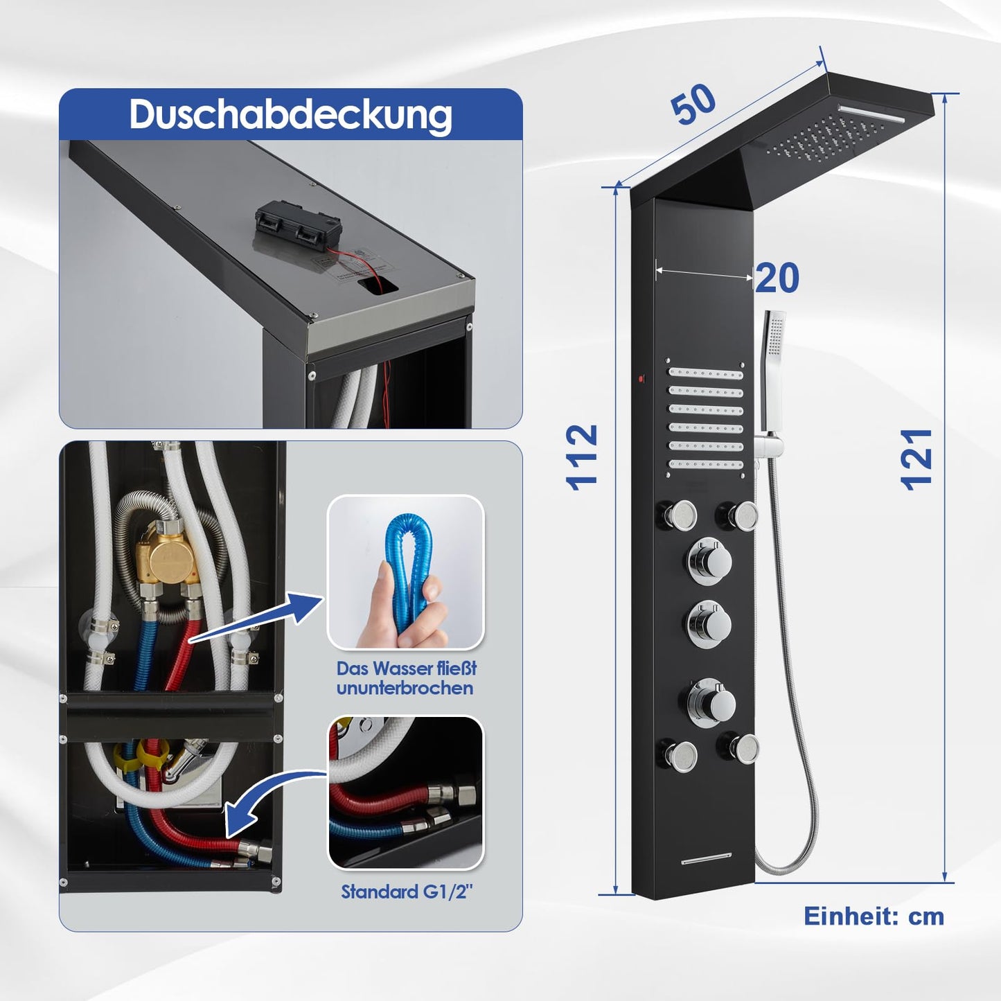 LED Duschpaneel mit Thermostat, OUGOO 6 Funktionen Duschpaneel mit Armatur, Regendusche, Wasserfalldusche, 2-Typ-Massagedüsen, Handbrause und Badewanneneinlauf, 304 Edelstahl, Schwarz