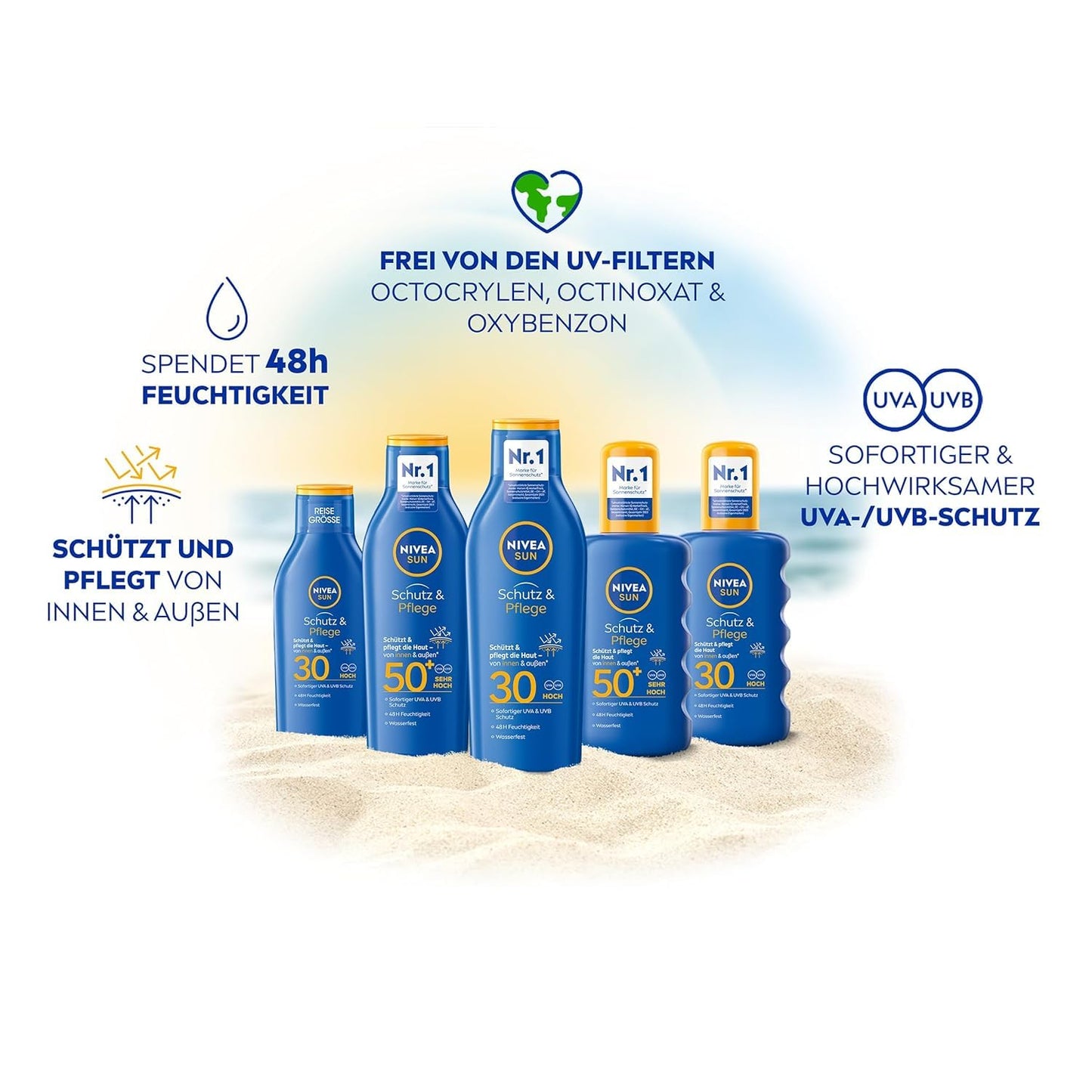 NIVEA SUN Schutz & Pflege Sonnenspray LSF 50+, wasserfestes Sonnencreme Spray mit Vitamin C & Hyaluron, schnell einziehender Sonnenschutz für 48h Feuchtigkeit (200 ml)