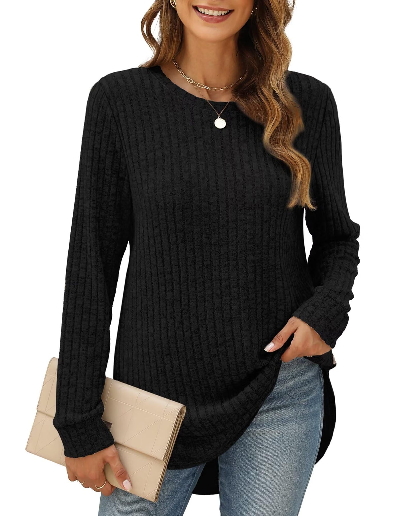 XIEERDUO Women's Pullover Sweater – Curved Hem Knit Sweatshirt