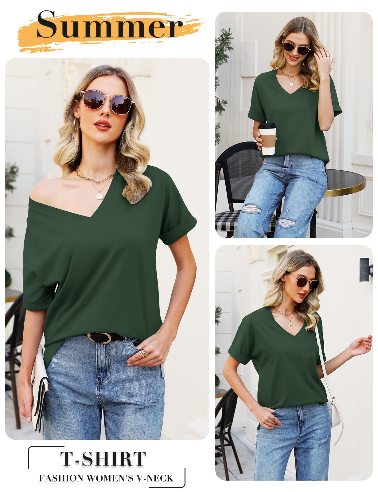 Women’s V-Neck Cotton T-Shirt – Short Sleeve Loose Fit Summer Tee