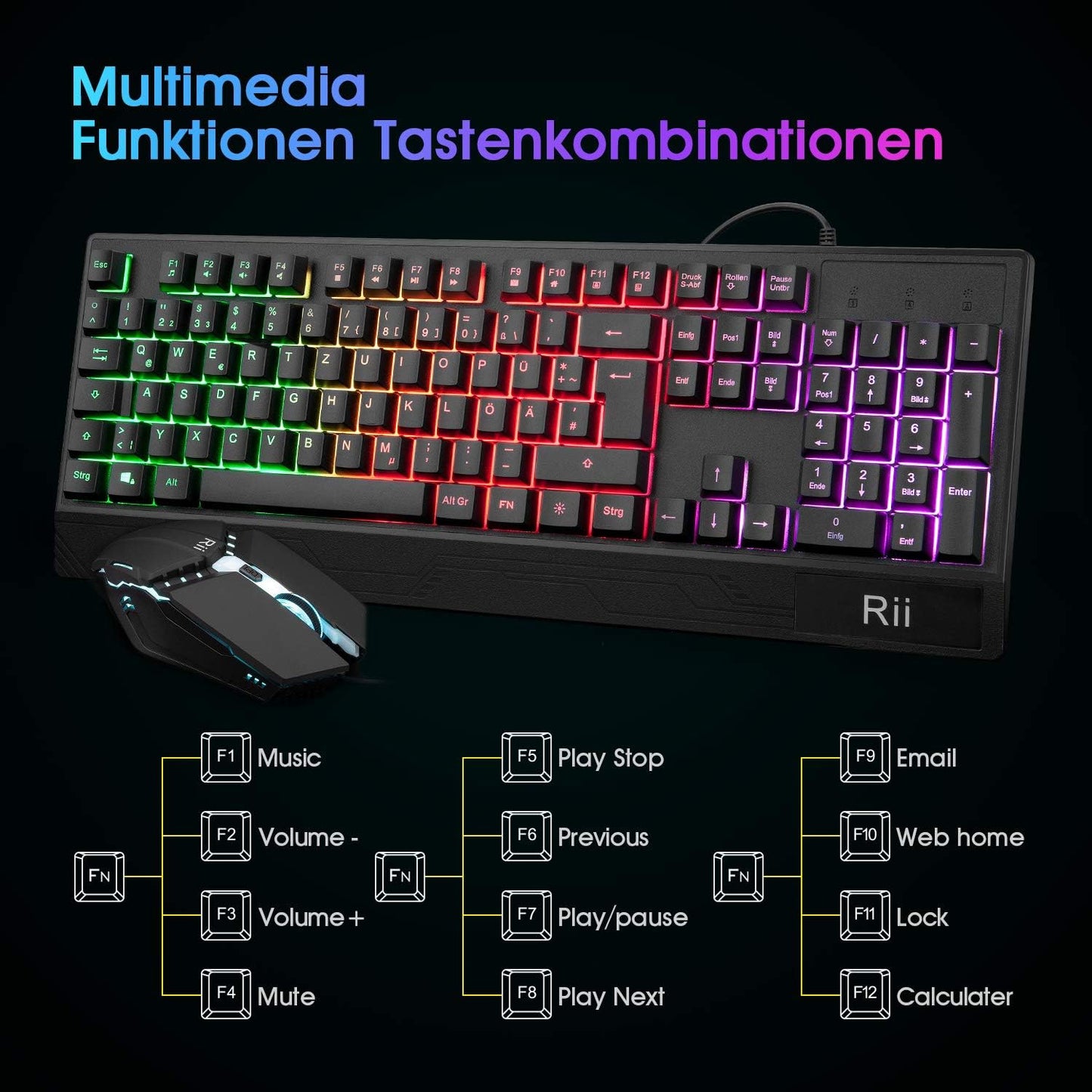Rii Gaming Tastatur und Maus Set, Maus und Tastatur, RGB Hintergrundbeleuchtung QWERTZ (DE-Layout), Regenbogen Farben Beleuchtete USB Wasserdicht Tastatur und Maus mit 3200 für Pro PC Gamer