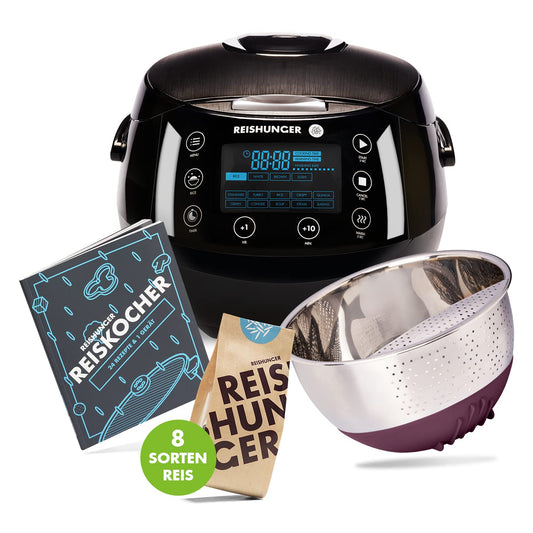REISHUNGER Digitaler Reiskocher & Dampfgarer Grau | 1,5 L bis 8 Personen | Warmhaltefunktion, Timer & Premium Innentopf | Multikocher, 12 Programme, 7-Phasen-Technologie