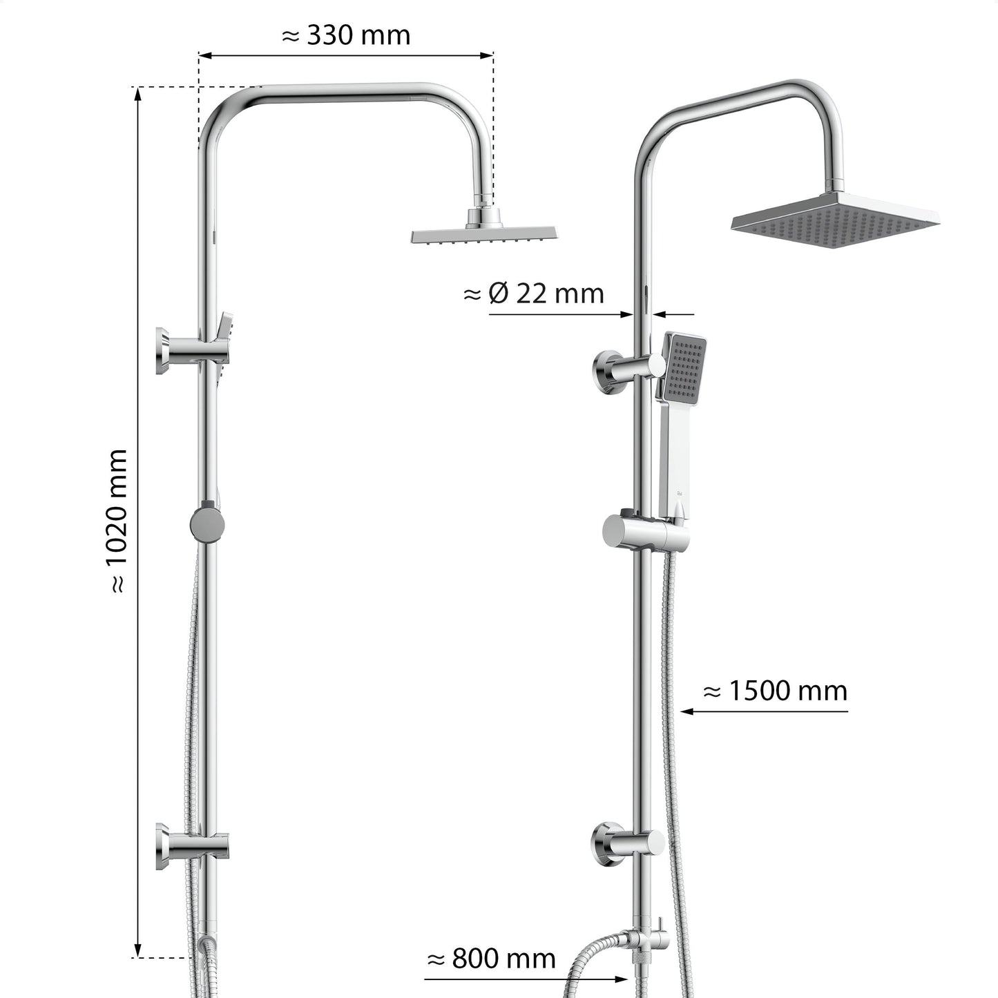 EISL Duschset EASY FRESH, Duschsystem ohne Armatur 2 in 1 mit großer Regendusche (250 x 200 mm) und Handbrause, Regendusche ohne Armatur ideal zum Nachrüsten, komplettes Montageset, Chrom DX12006