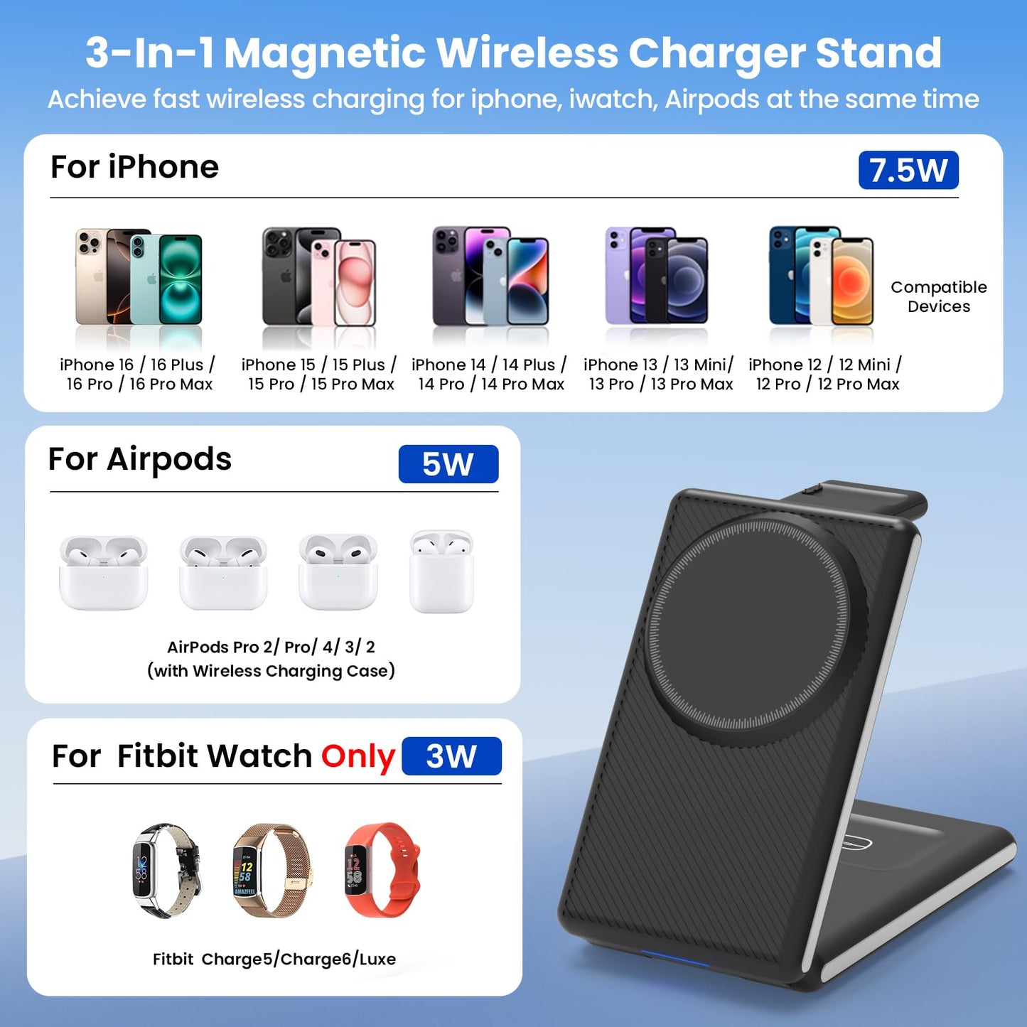 CIYOYO 3-in-1 Wireless Charging Station, Foldable MagSafe Charger for iPhone 16/15/14 Pro Max/Plus, Wireless Charger Stand for Apple Watch 10/9/8/7/6/5/Ultra, for AirPods 4/3/2/Pro, with Adapter 