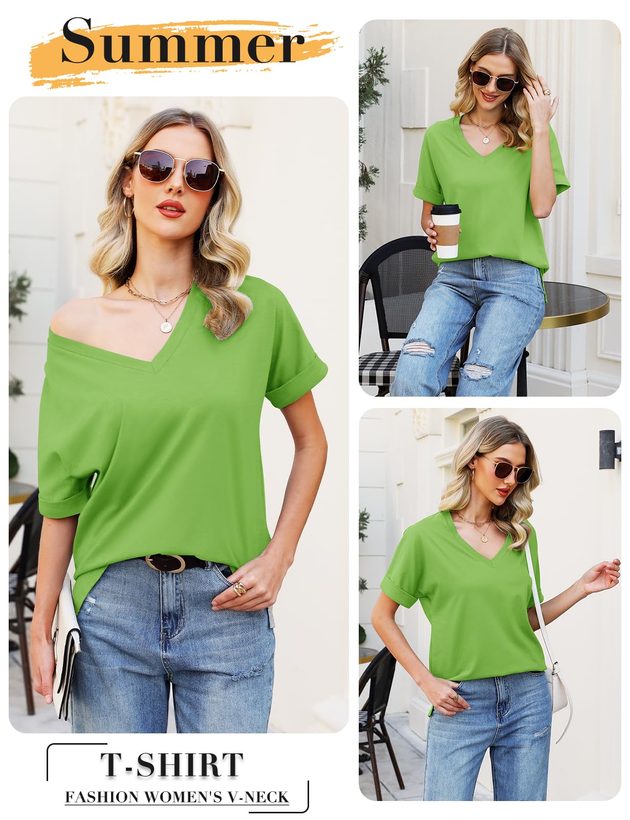Women’s V-Neck Cotton T-Shirt – Short Sleeve Loose Fit Summer Tee