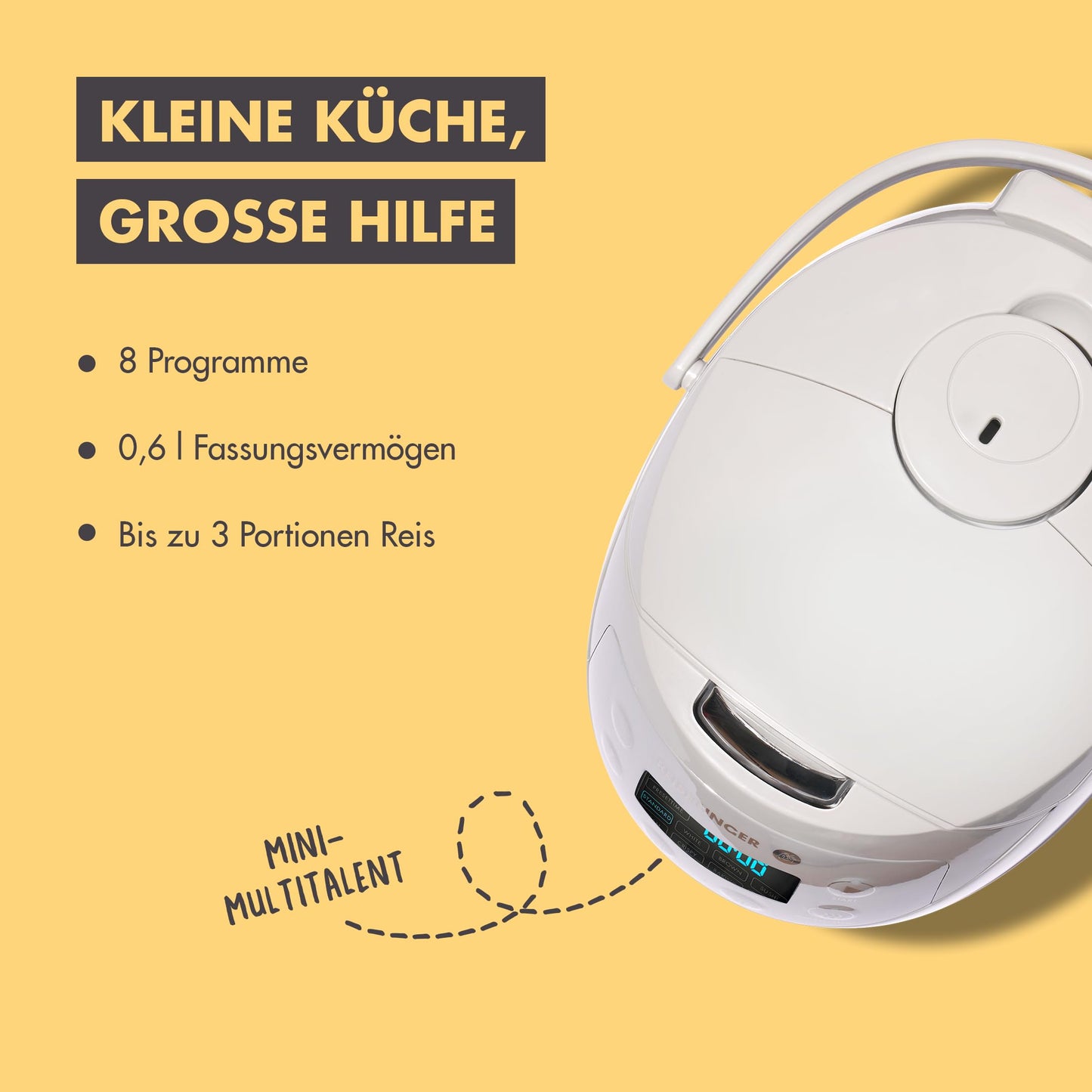 REISHUNGER Digitaler Reiskocher klein, schwarz | 0,6 L bis 3 Personen | Warmhaltefunktion, Timer & Premium Topf | Kleiner Multikocher & Dampfgarer, 8 Programme, 7-Phasen-Technologie