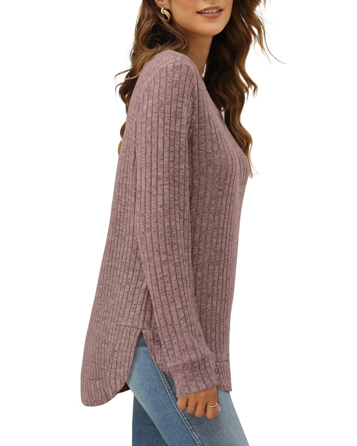 XIEERDUO Women's Pullover Sweater – Curved Hem Knit Sweatshirt