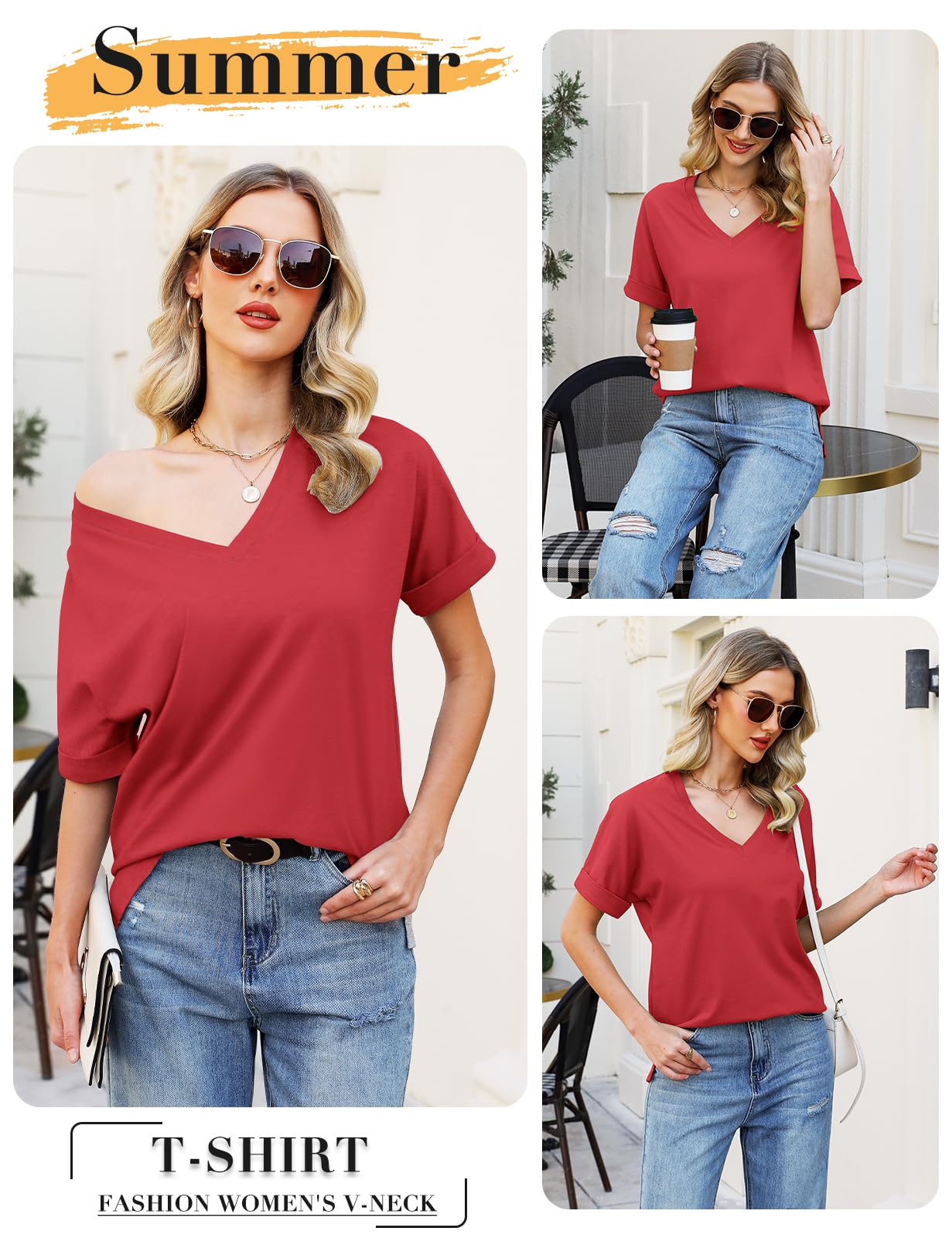 Women’s V-Neck Cotton T-Shirt – Short Sleeve Loose Fit Summer Tee