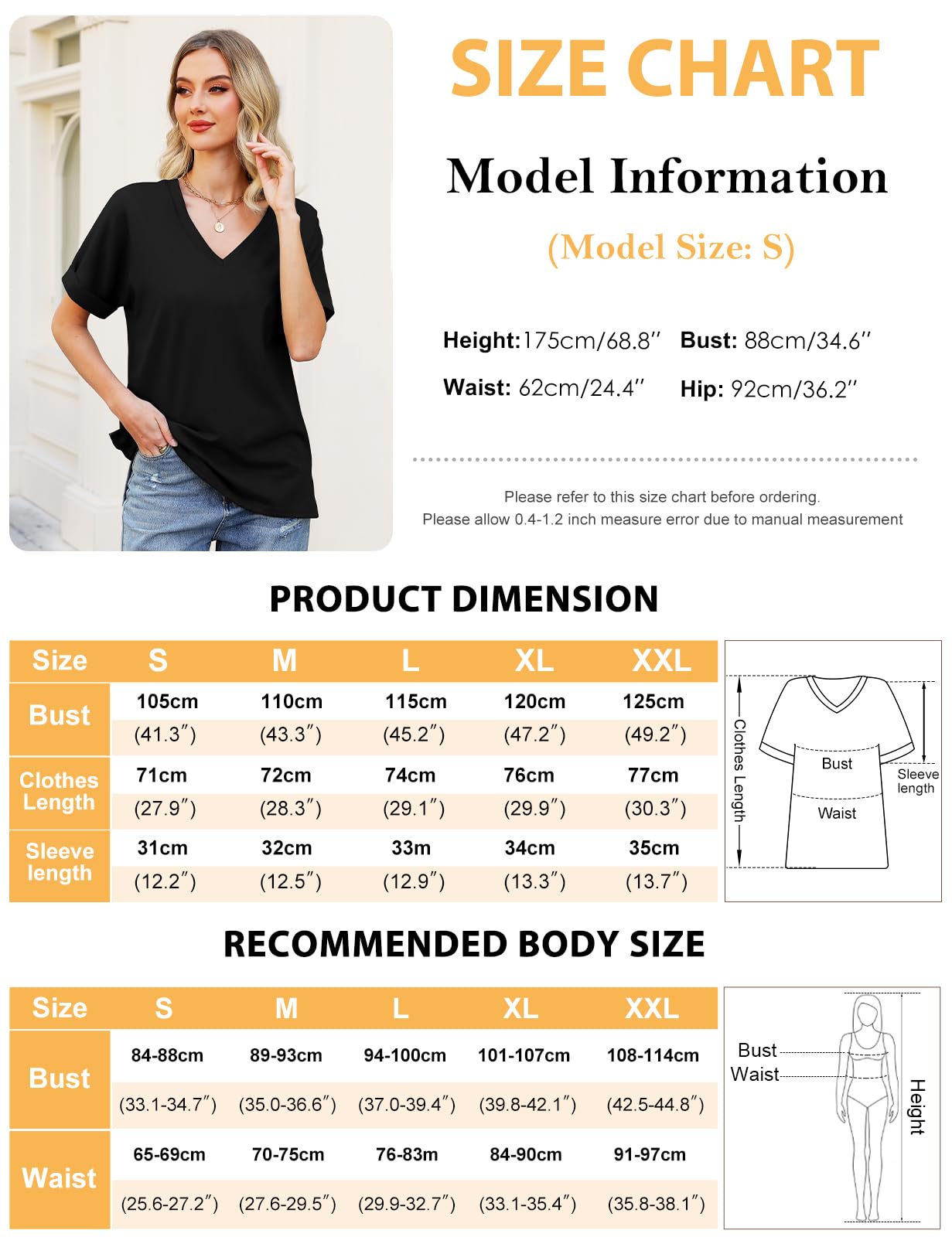 Women’s V-Neck Cotton T-Shirt – Short Sleeve Loose Fit Summer Tee