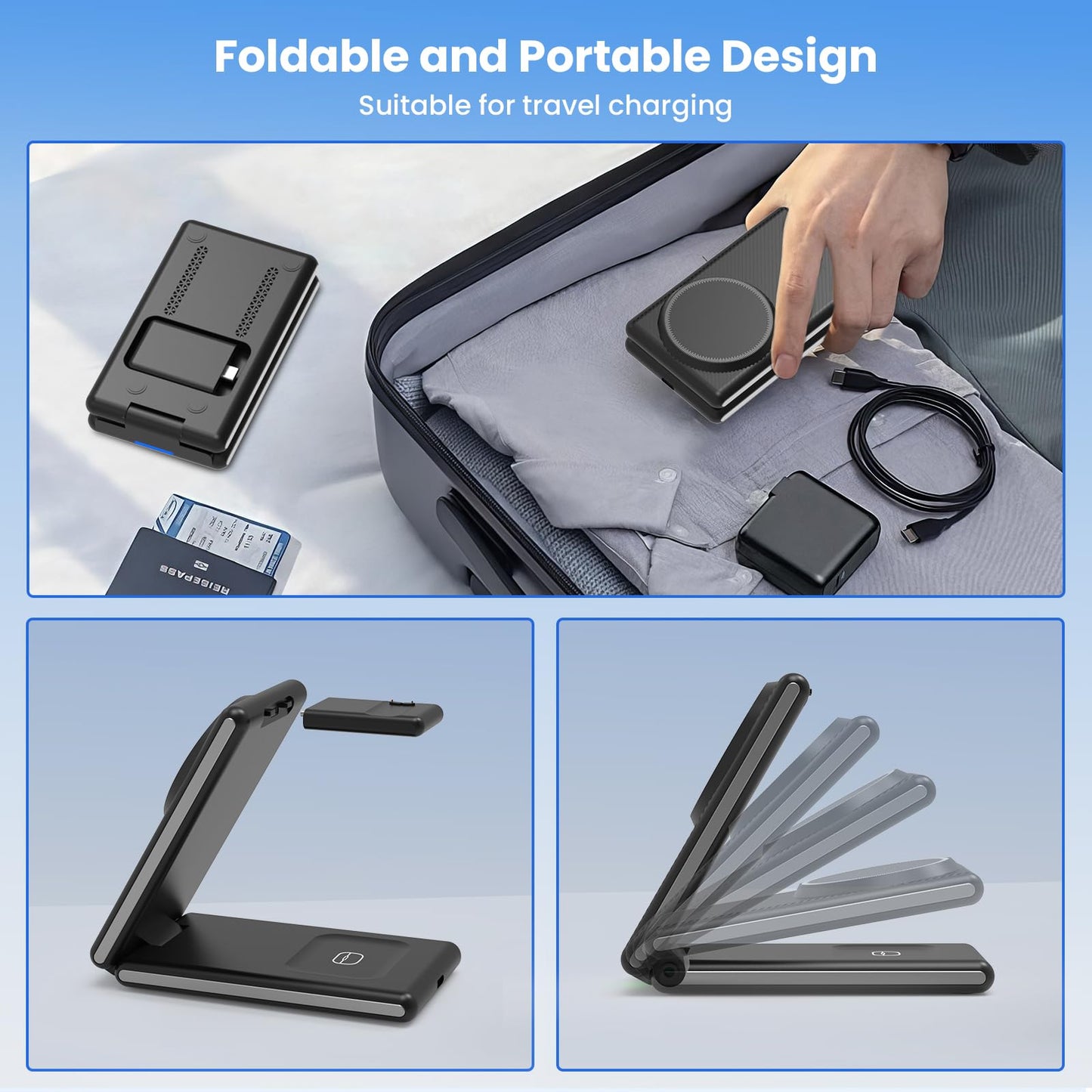 CIYOYO 3-in-1 Wireless Charging Station, Foldable MagSafe Charger for iPhone 16/15/14 Pro Max/Plus, Wireless Charger Stand for Apple Watch 10/9/8/7/6/5/Ultra, for AirPods 4/3/2/Pro, with Adapter 