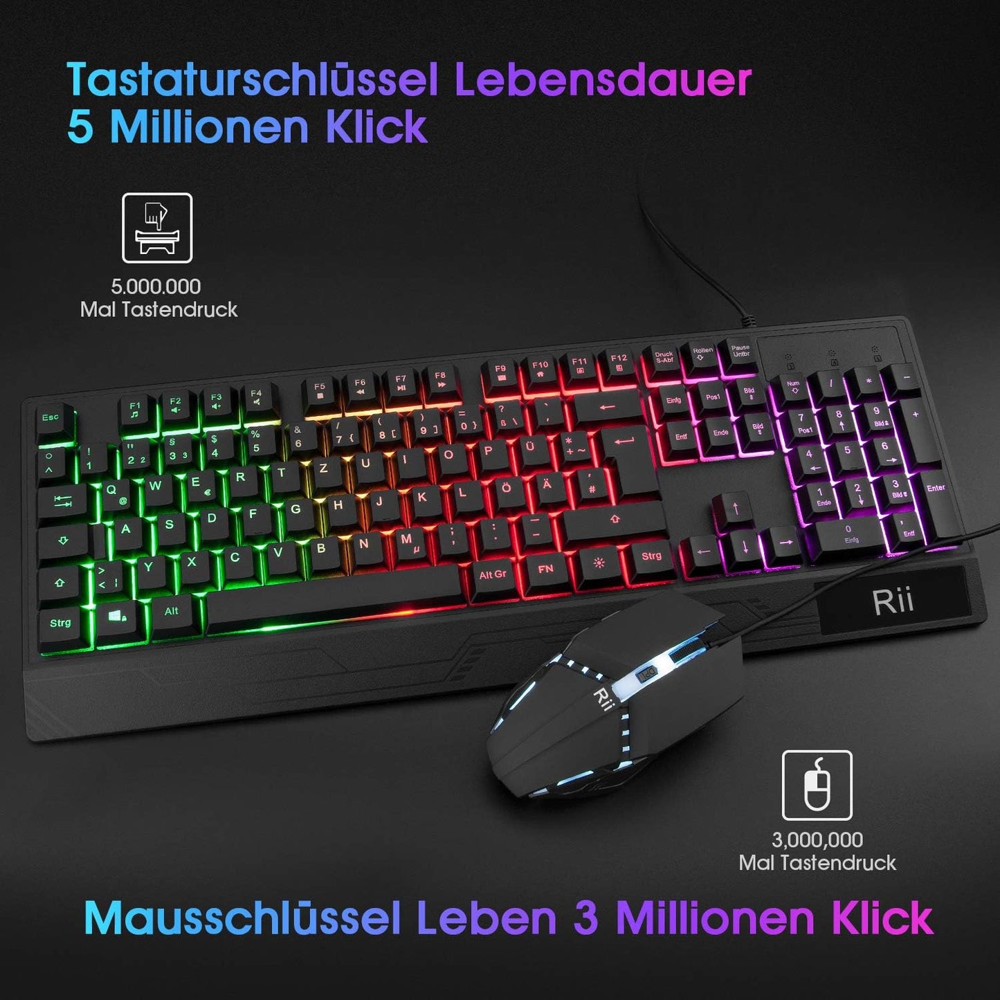 Rii Gaming Tastatur und Maus Set, Maus und Tastatur, RGB Hintergrundbeleuchtung QWERTZ (DE-Layout), Regenbogen Farben Beleuchtete USB Wasserdicht Tastatur und Maus mit 3200 für Pro PC Gamer