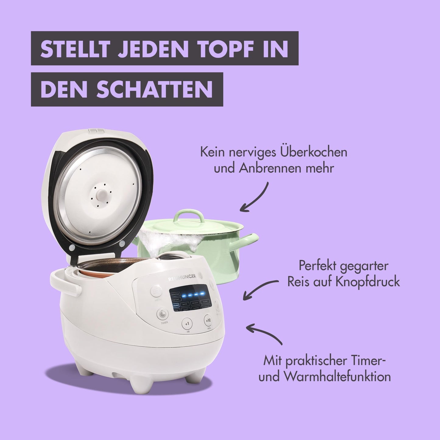 REISHUNGER Digitaler Reiskocher klein, schwarz | 0,6 L bis 3 Personen | Warmhaltefunktion, Timer & Premium Topf | Kleiner Multikocher & Dampfgarer, 8 Programme, 7-Phasen-Technologie