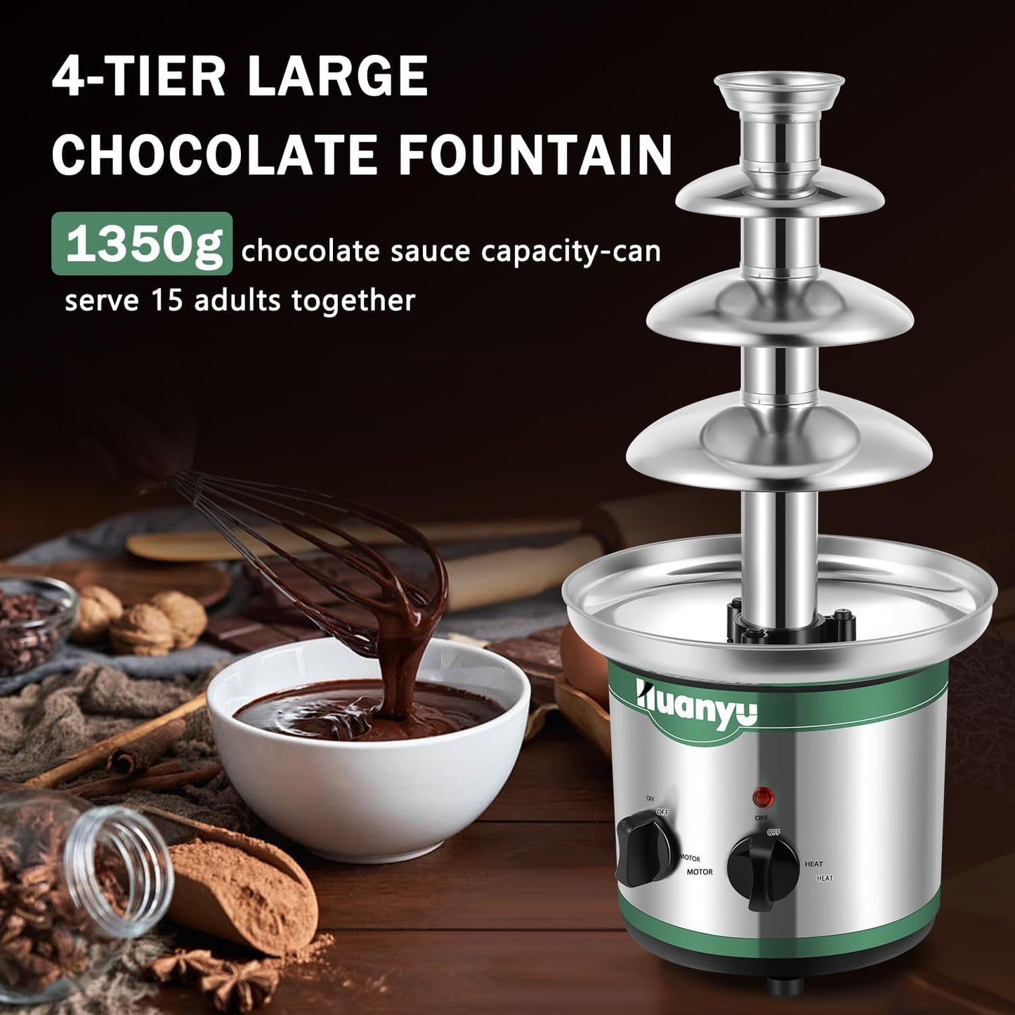 Huanyu 4-stufiger Schokoladenbrunnen, große Fondue-Sets für Schokolade, elektrische Schokoladenbrunnenmaschine, Schokoladenfondue-Set für Party, Hochzeit und Geburtstag