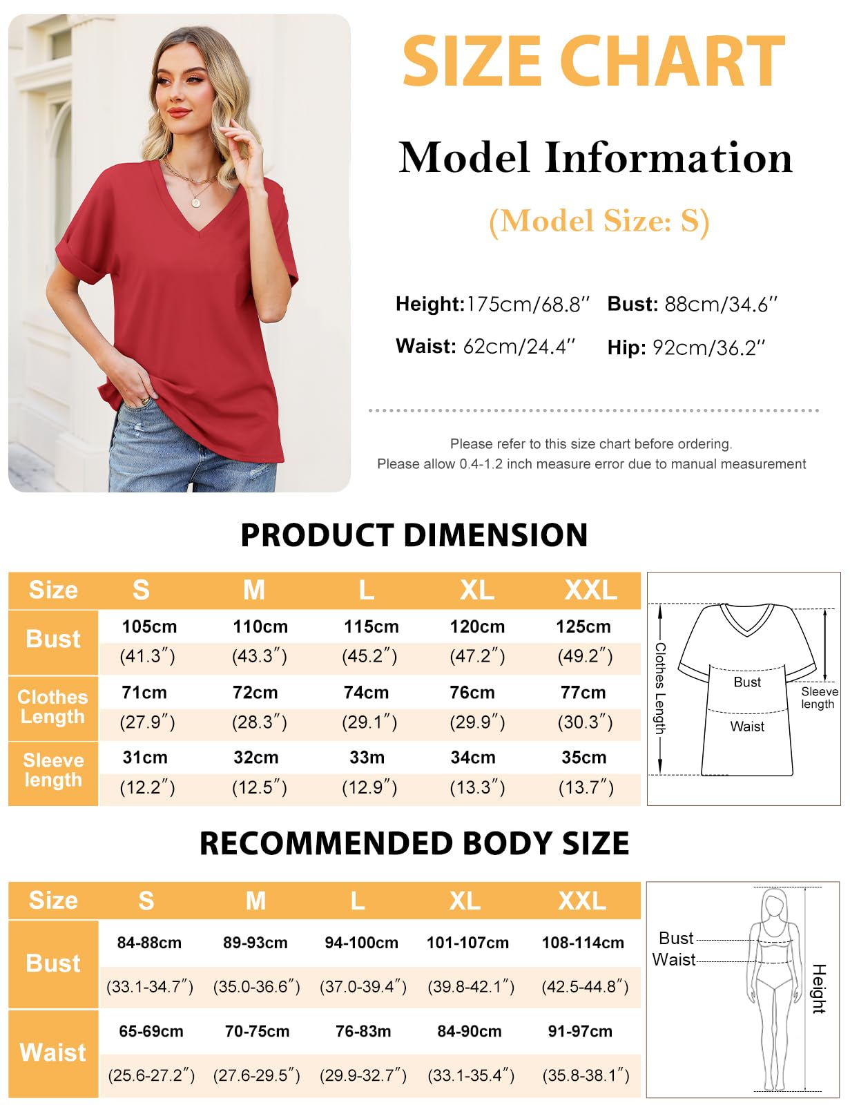 Women’s V-Neck Cotton T-Shirt – Short Sleeve Loose Fit Summer Tee