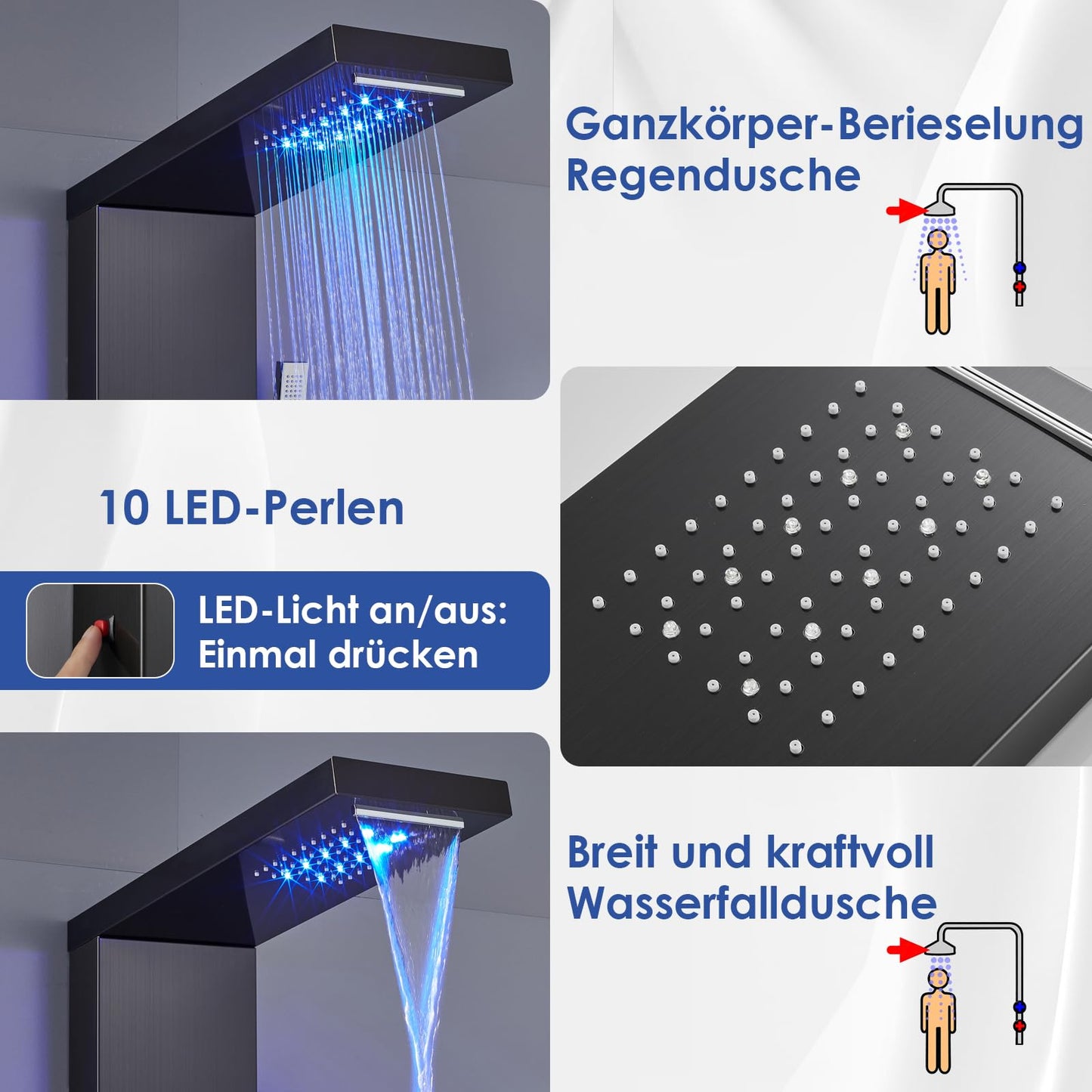 LED Duschpaneel mit Thermostat, OUGOO 6 Funktionen Duschpaneel mit Armatur, Regendusche, Wasserfalldusche, 2-Typ-Massagedüsen, Handbrause und Badewanneneinlauf, 304 Edelstahl, Schwarz
