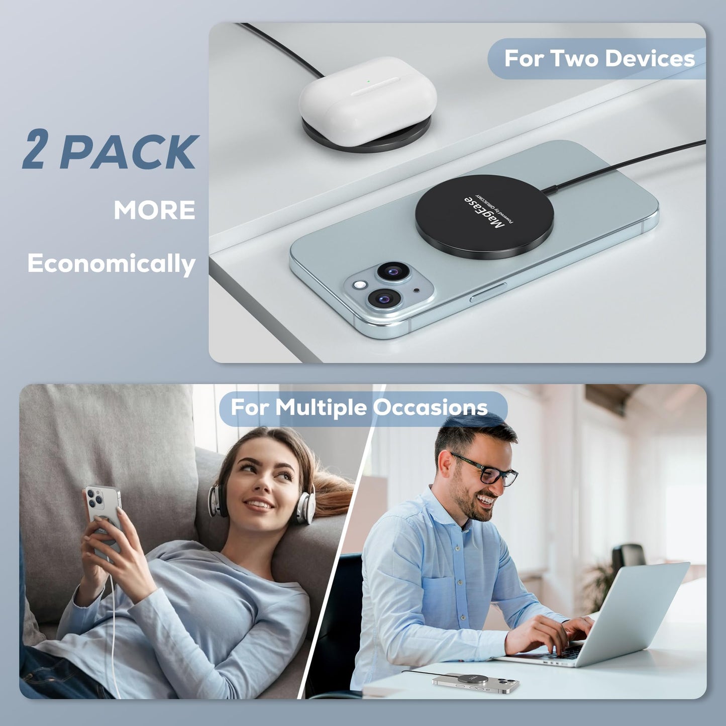 Magnetisches kabelloses Ladegerät, MagEase 15 W kabelloses Ladegerät mag~Safe, kompatibel mit iPhone 17/16/15/14/13/12-Serie und AirPods 3/2/Pro,2-Stück (Weiß)