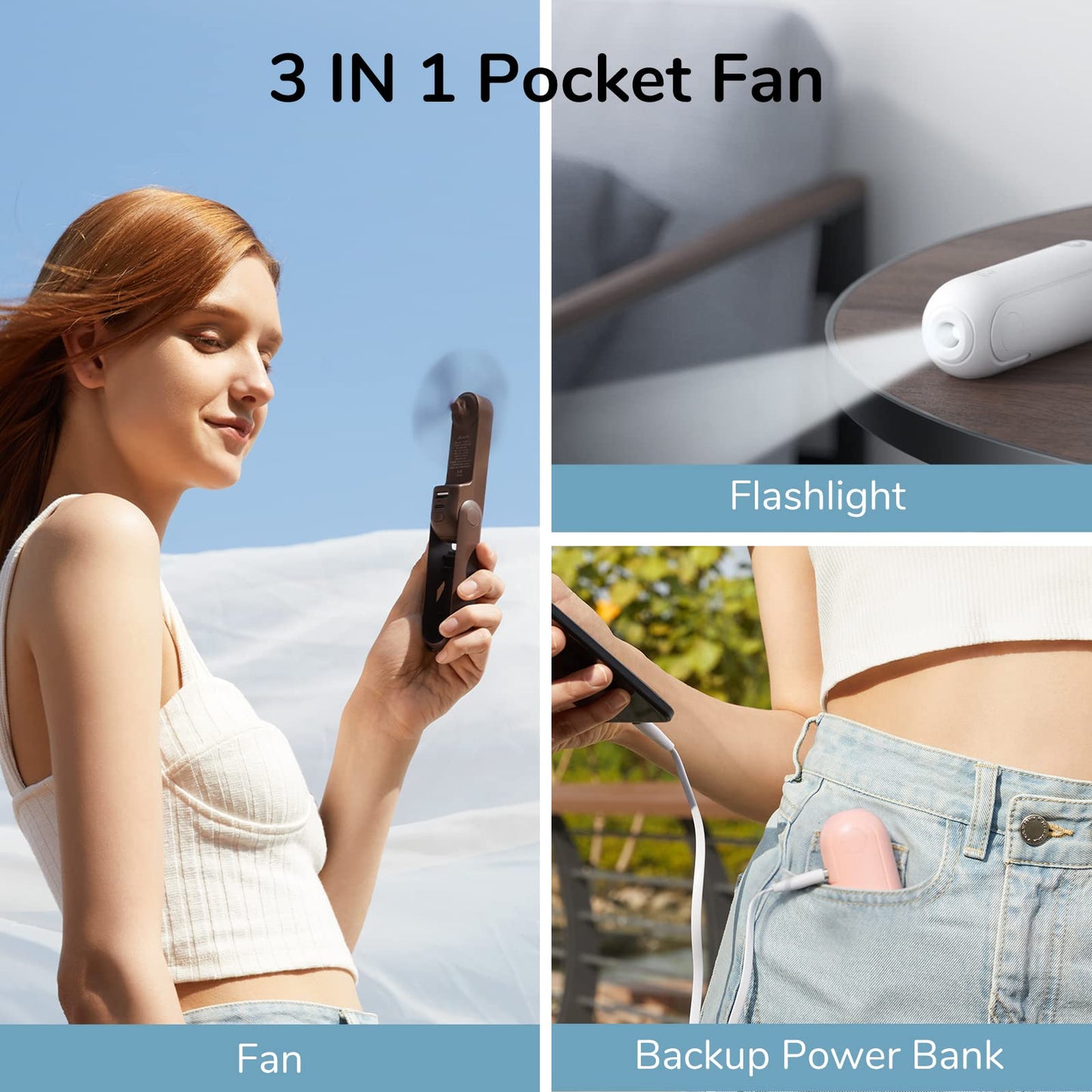 JISULIFE Mini Handventilator, 3-in-1 Handventilator, wiederaufladbarer USB [12–19 Betriebsstunden] mit Powerbank, Taschenlampe, tragbarer Ventilator für Reisen/Sommer, Geschenke für Frauen-Rosa