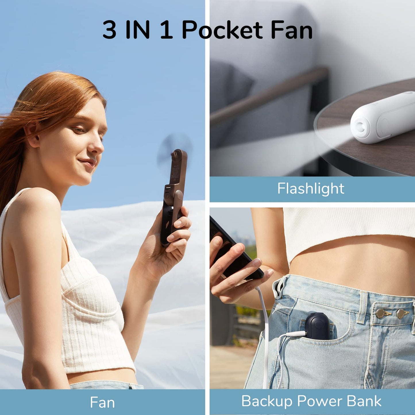 JISULIFE Mini Handventilator, 3-in-1 Handventilator, wiederaufladbarer USB [12–19 Betriebsstunden] mit Powerbank, Taschenlampe, tragbarer Ventilator für Reisen/Sommer, Geschenke für Frauen-Rosa