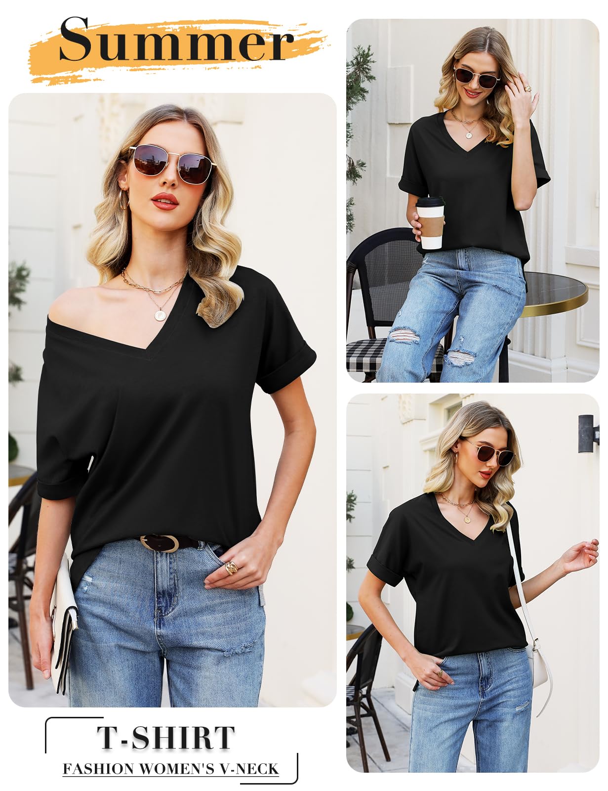 Women’s V-Neck Cotton T-Shirt – Short Sleeve Loose Fit Summer Tee