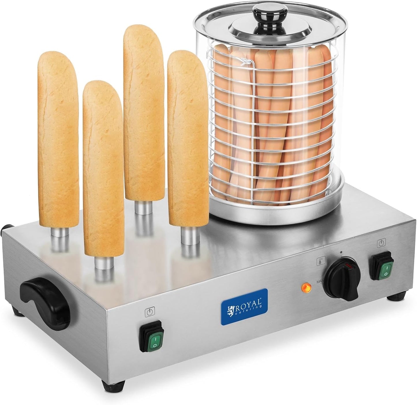 Royal Catering Hot Dog Maschine Gastro Hot-Dog Maker Professionell RCHW 2300 (Leistung 1100 Watt, Temperatur 0-95 °C, Zylinderhöhe 24 cm, Zylinderdurchmesser 20 cm, 4 Toaststangen)