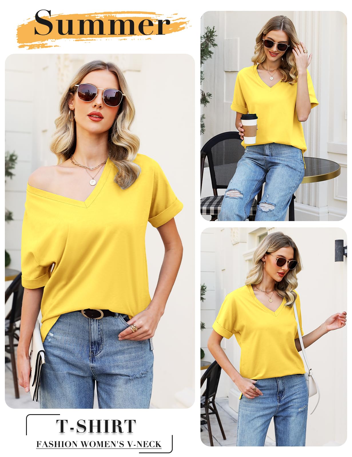Women’s V-Neck Cotton T-Shirt – Short Sleeve Loose Fit Summer Tee