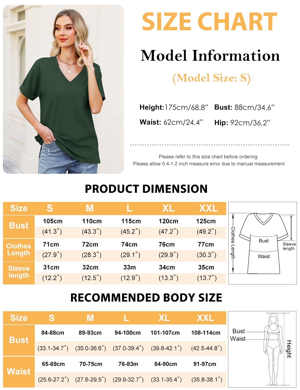 Women’s V-Neck Cotton T-Shirt – Short Sleeve Loose Fit Summer Tee