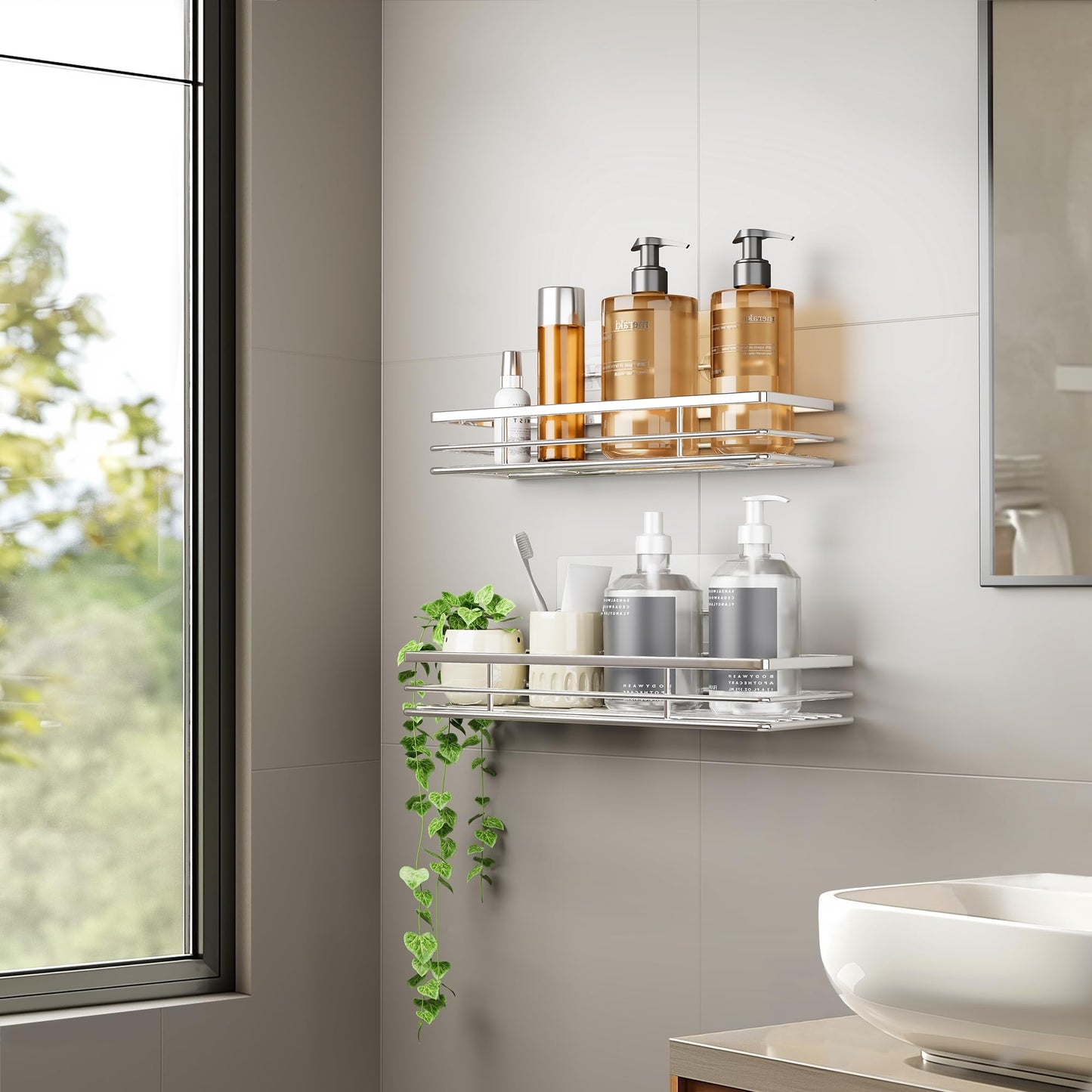 saffruff Duschablage Ohne Bohren 2 Stück Duschregal Duschkorb Badezimmer Organizer, Regal Badregal Shampoo Halterung für Dusche Küche Bathroom, mit 2 Klebeflächen,Edelstahl Schwarz