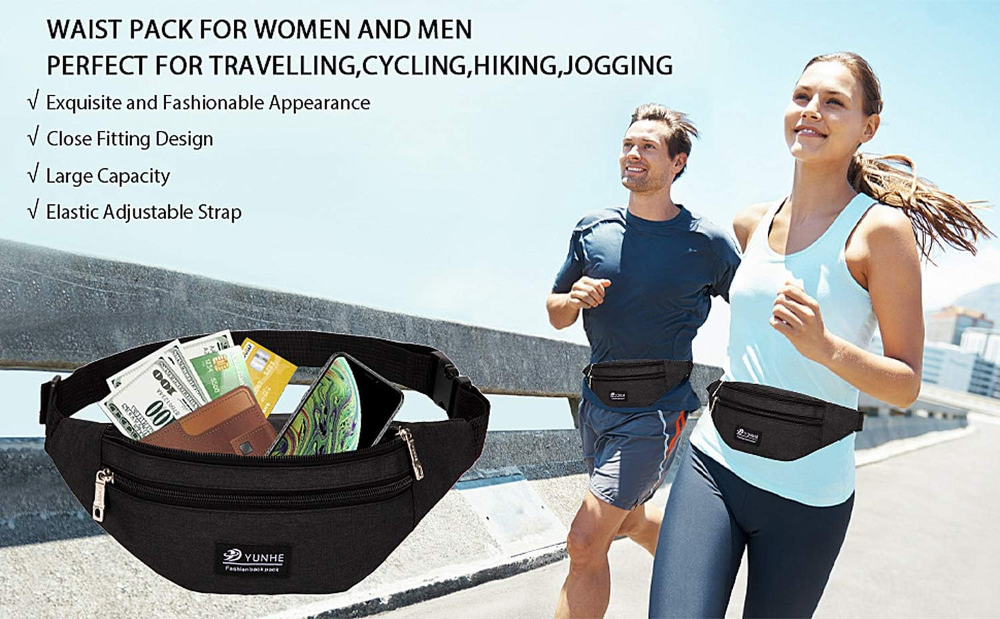LEBEXY Waterproof Waist Bag – Sporty Black Fanny Pack for Men & Women