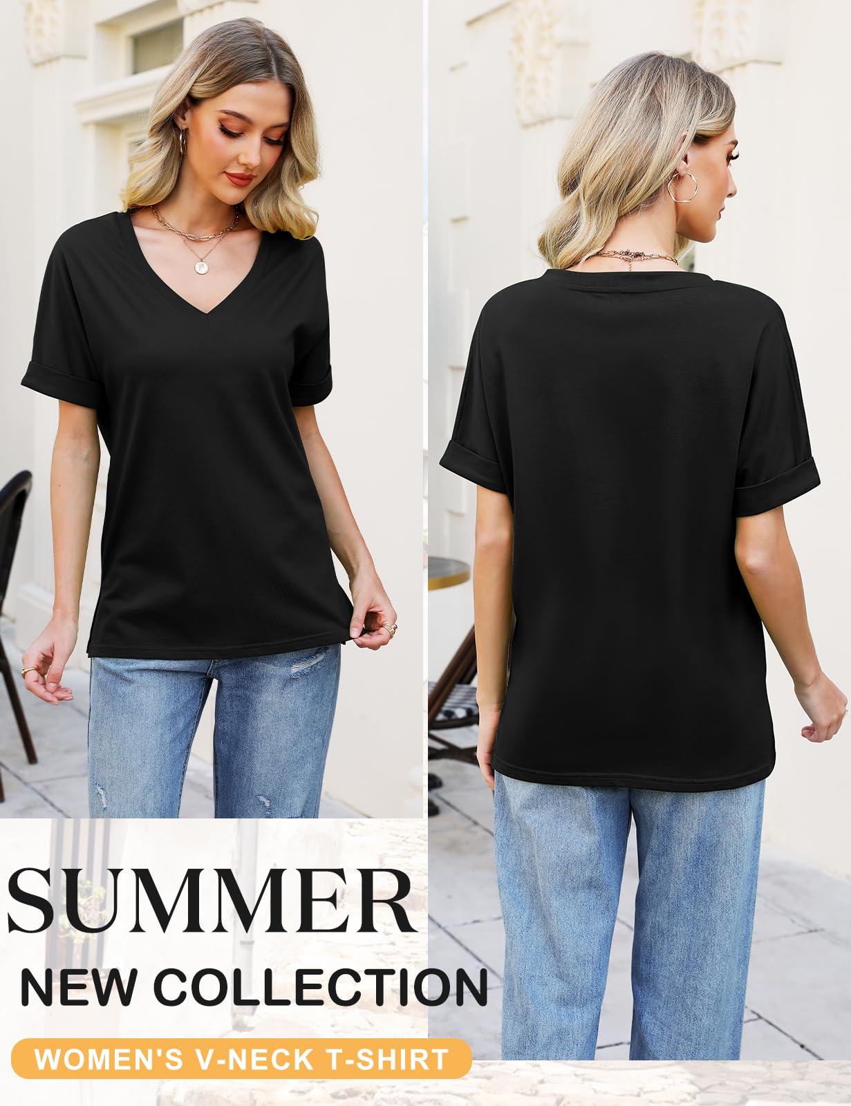 Women’s V-Neck Cotton T-Shirt – Short Sleeve Loose Fit Summer Tee