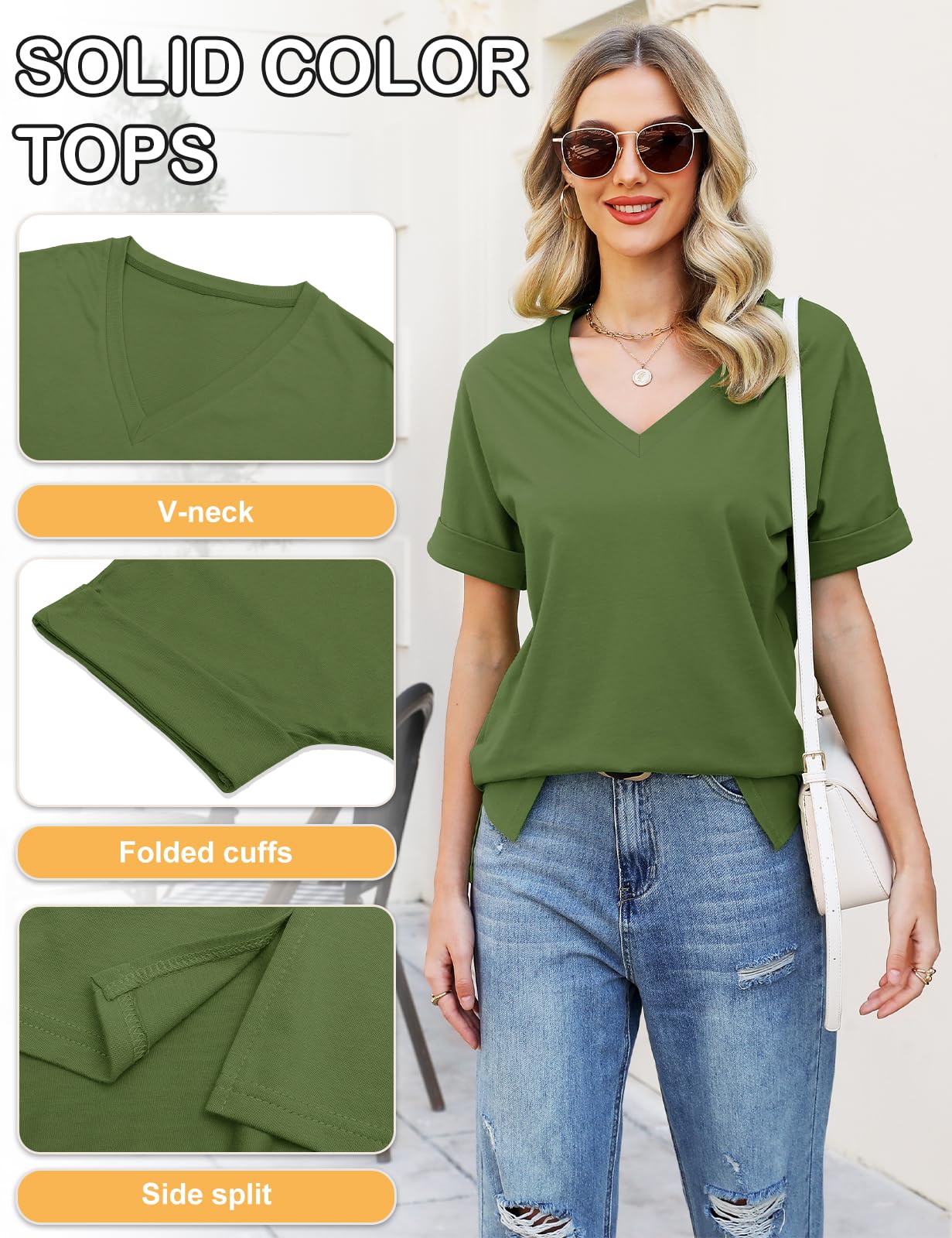 Women’s V-Neck Cotton T-Shirt – Short Sleeve Loose Fit Summer Tee