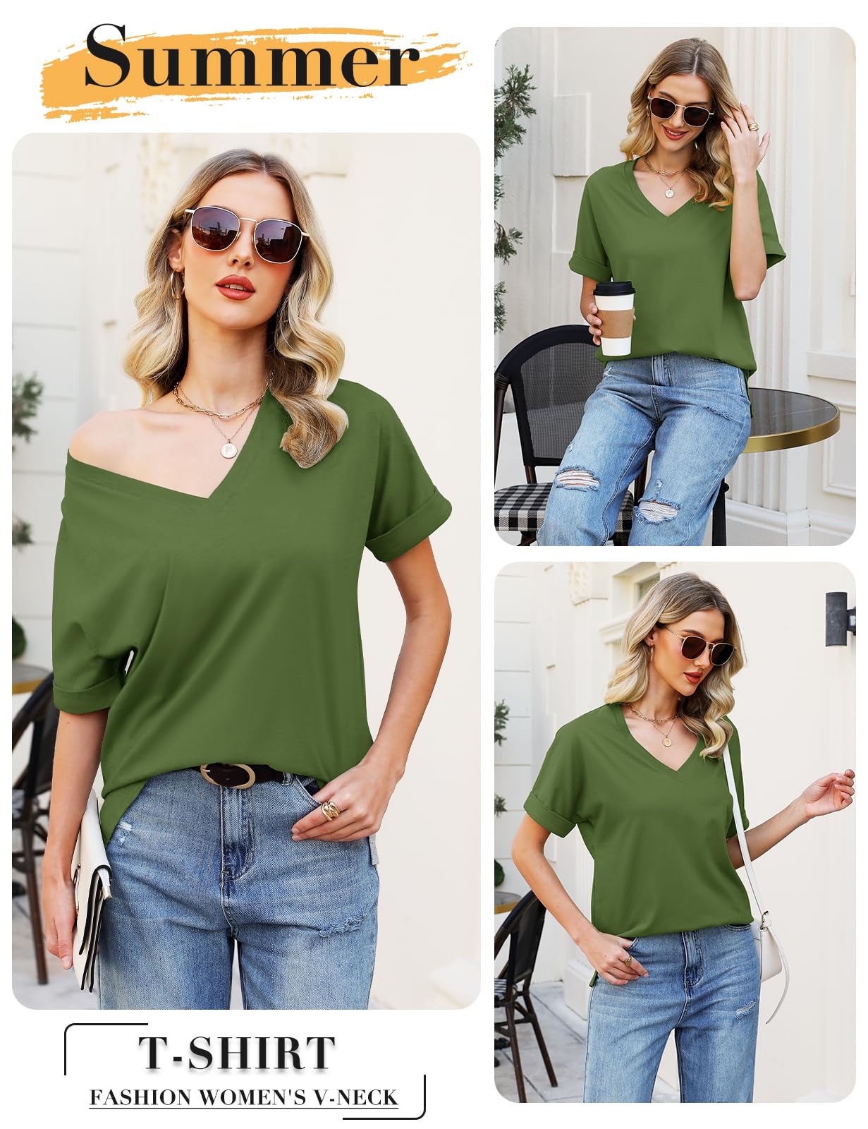 Women’s V-Neck Cotton T-Shirt – Short Sleeve Loose Fit Summer Tee