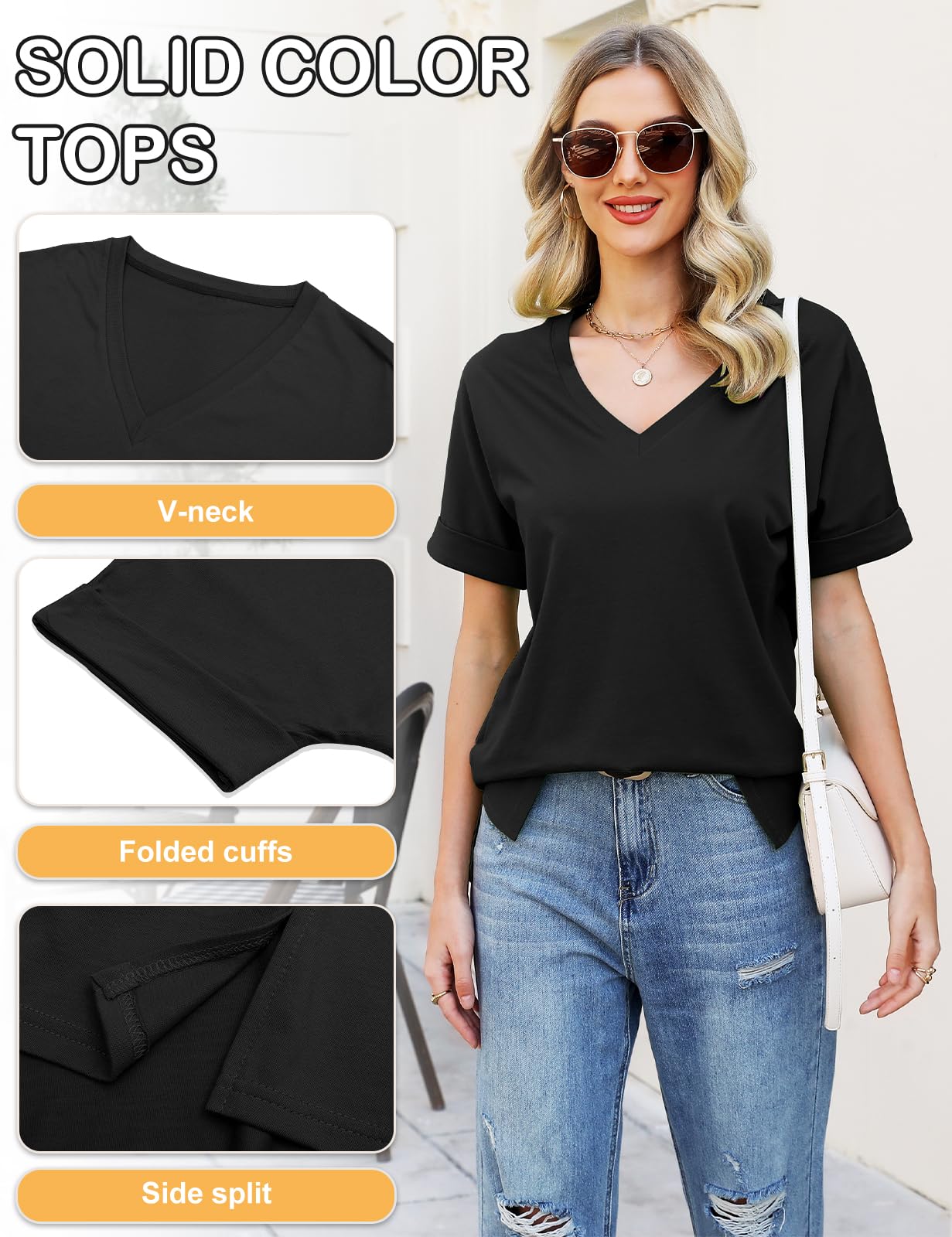 Women’s V-Neck Cotton T-Shirt – Short Sleeve Loose Fit Summer Tee