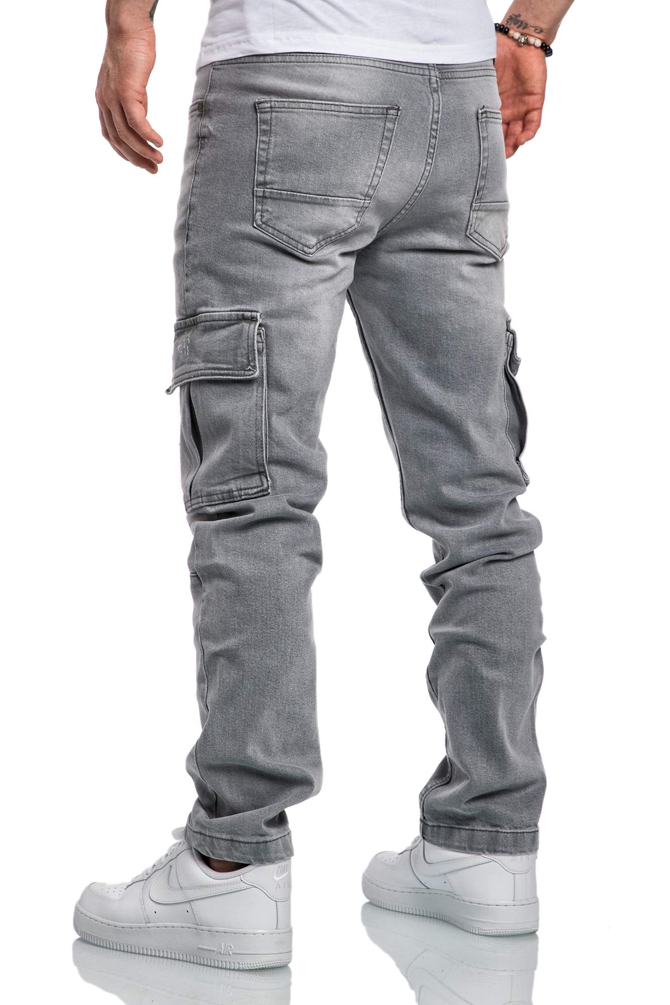 Amaci&Sons Men’s Cargo Jeans – Regular Slim Fit Destroyed Denim Pants