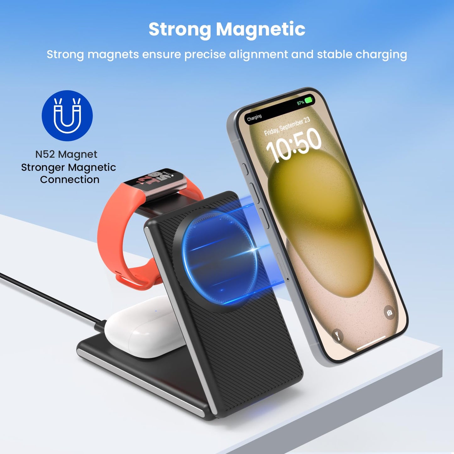 CIYOYO 3-in-1 Wireless Charging Station, Foldable MagSafe Charger for iPhone 16/15/14 Pro Max/Plus, Wireless Charger Stand for Apple Watch 10/9/8/7/6/5/Ultra, for AirPods 4/3/2/Pro, with Adapter 