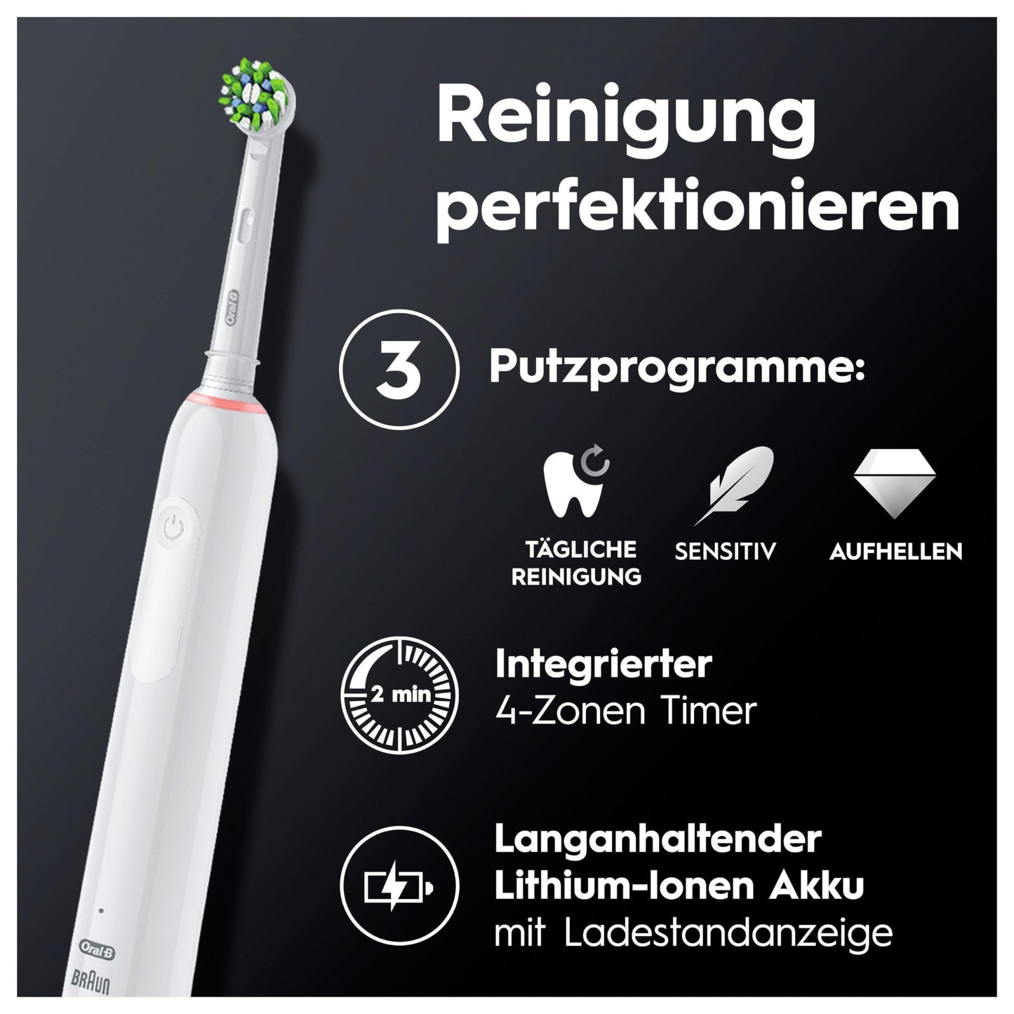 Oral-B PRO 3 3500 Elektrische Zahnbürste/Electric Toothbrush, 2 Aufsteckbürsten, mit 3 Putzmodi und visueller 360° Andruckkontrolle für Zahnpflege, Reiseetui, Geschenk Mann/Frau, schwarz