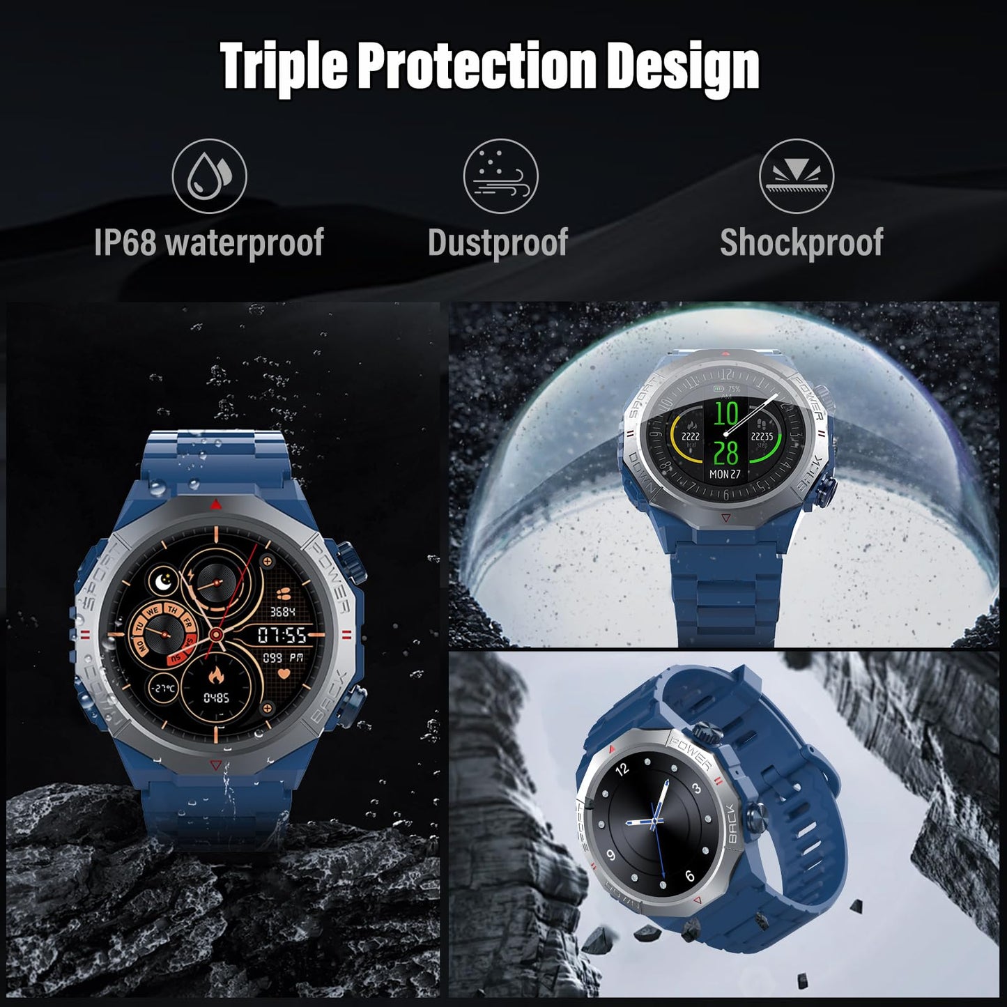 Militär Smartwatch Herren Damen, Smart Watch mitTelefonfunktion 1,39" Touchscreen, Herzfrequenzmonitor Schlafmonitor IP68 Wasserdicht Sportuhr, 110+ Sportmodi Fitnessuhr für iOS Android, Schwarz