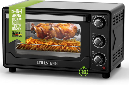 Stillstern Minibackofen mit Umluft (25L) NEU: CYCLONE PRO+ (Antihaftbeschichtung), DE Version, Airfryer-Einsatz, Rezeptheft, Drehspieß, 1500W Toaster Grill Pizzaofen Mini Backofen Ideal für Camping