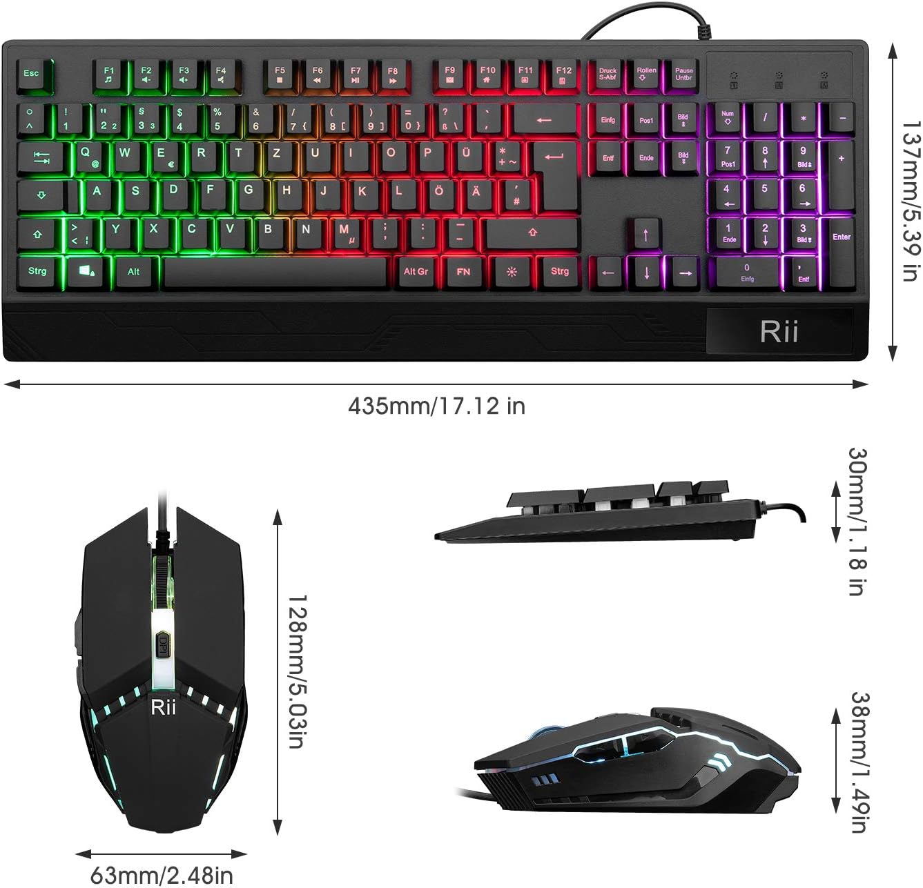 Rii Gaming Tastatur und Maus Set, Maus und Tastatur, RGB Hintergrundbeleuchtung QWERTZ (DE-Layout), Regenbogen Farben Beleuchtete USB Wasserdicht Tastatur und Maus mit 3200 für Pro PC Gamer