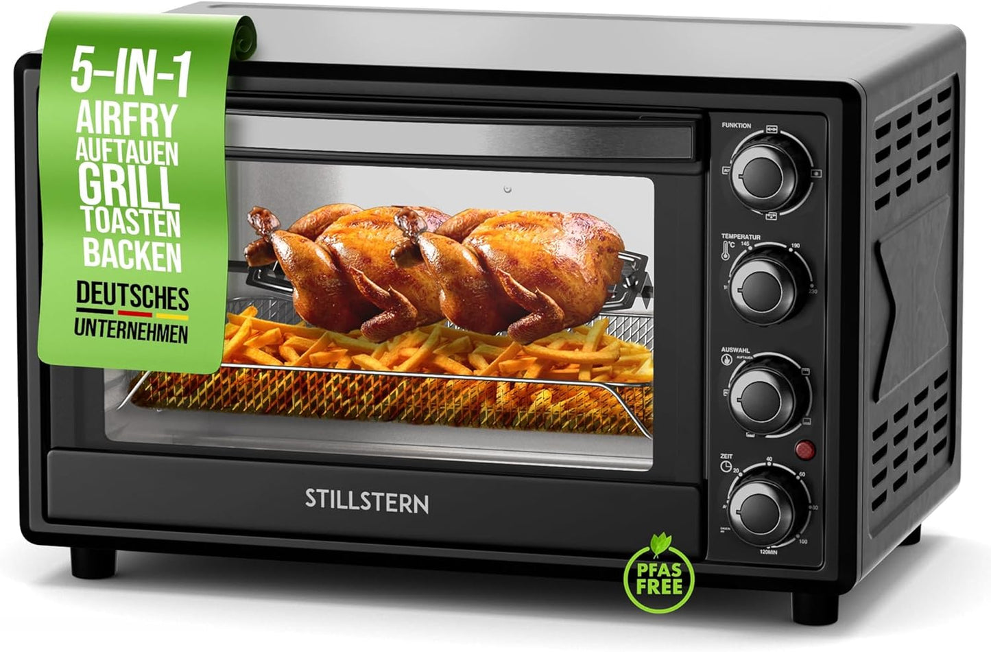 Stillstern Minibackofen mit Umluft (35L) NEU: CYCLONE PRO+ (Antihaftbeschichtung), DE Version, Airfryer-Einsatz, Rezeptheft, Drehspieß, 1600W Toaster Grill Pizzaofen Mini Backofen Ideal für Camping